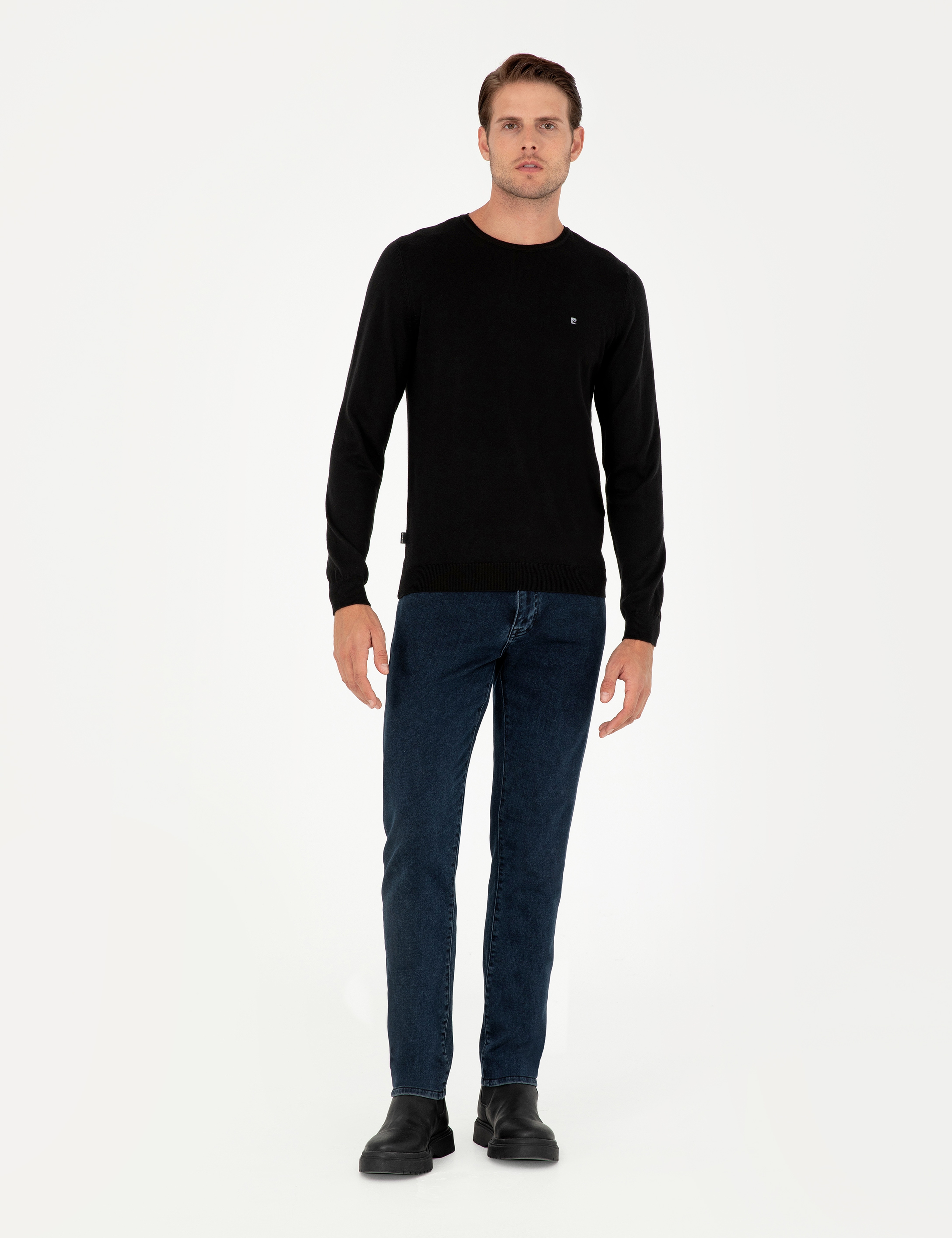 Siyah Slim Fit Bisiklet Yaka Basic Triko Kazak