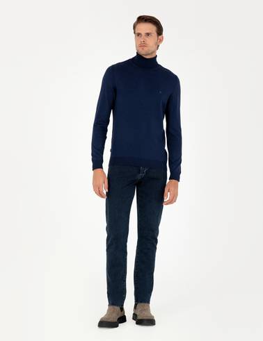 Açık Lacivert Slim Fit Balıkçı Yaka Basic Triko Kazak