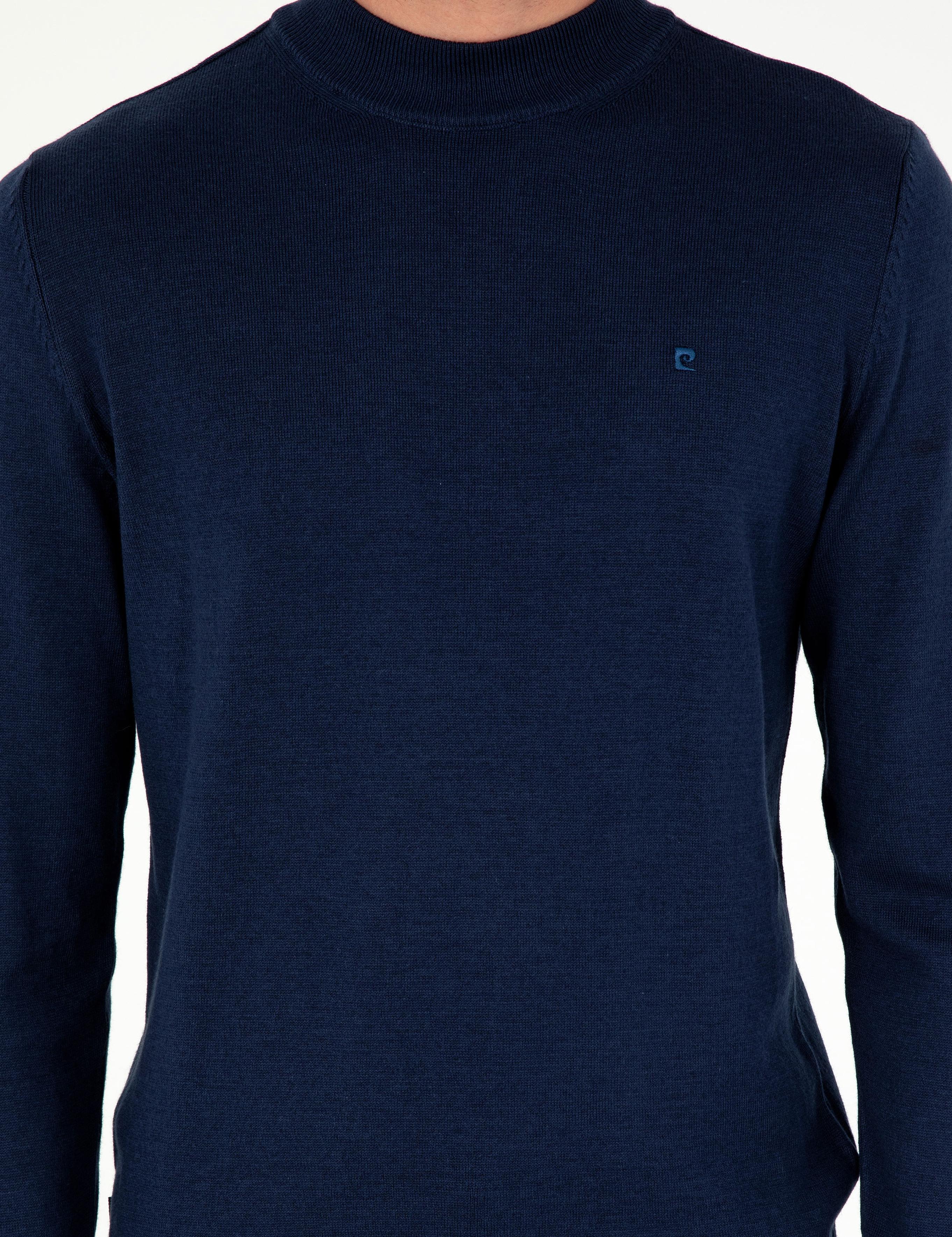 Açık Lacivert Slim Fit Çeyrek Yaka Basic Triko Kazak