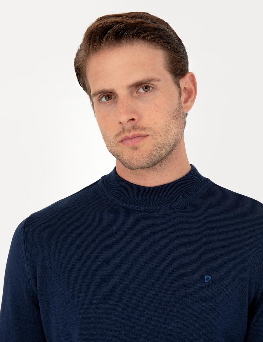 Açık Lacivert Slim Fit Çeyrek Yaka Basic Triko Kazak