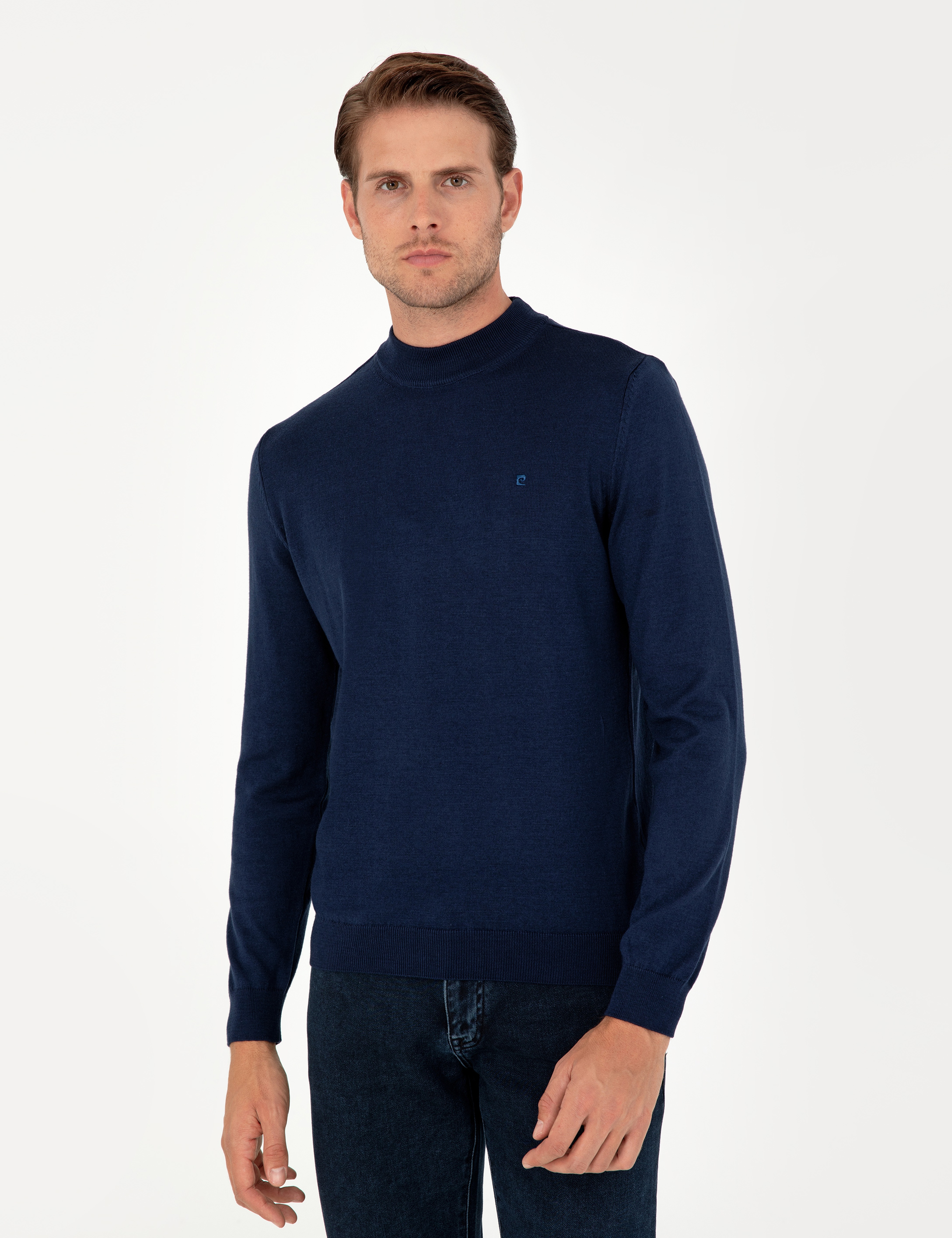 Açık Lacivert Slim Fit Çeyrek Yaka Basic Triko Kazak