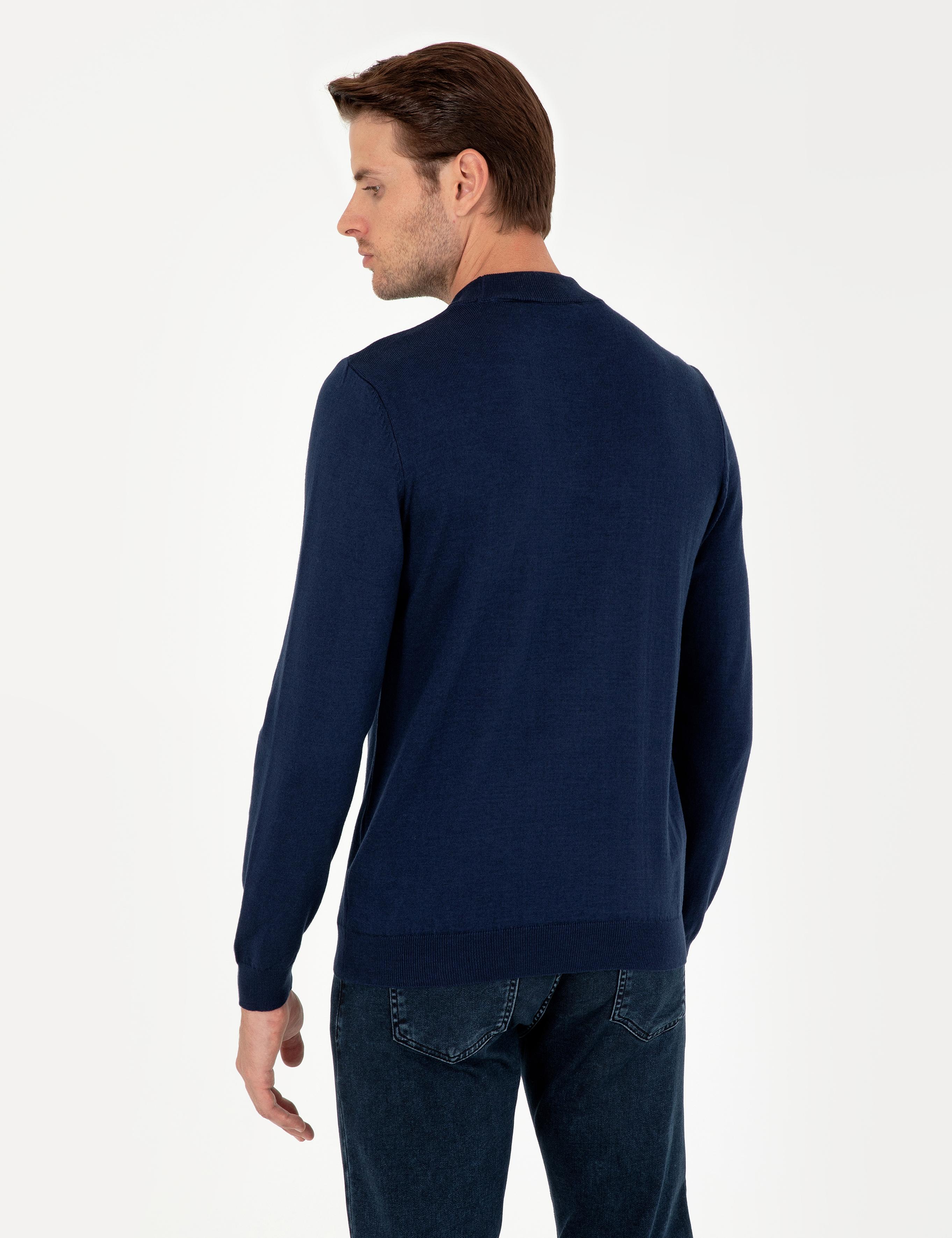 Açık Lacivert Slim Fit Çeyrek Yaka Basic Triko Kazak