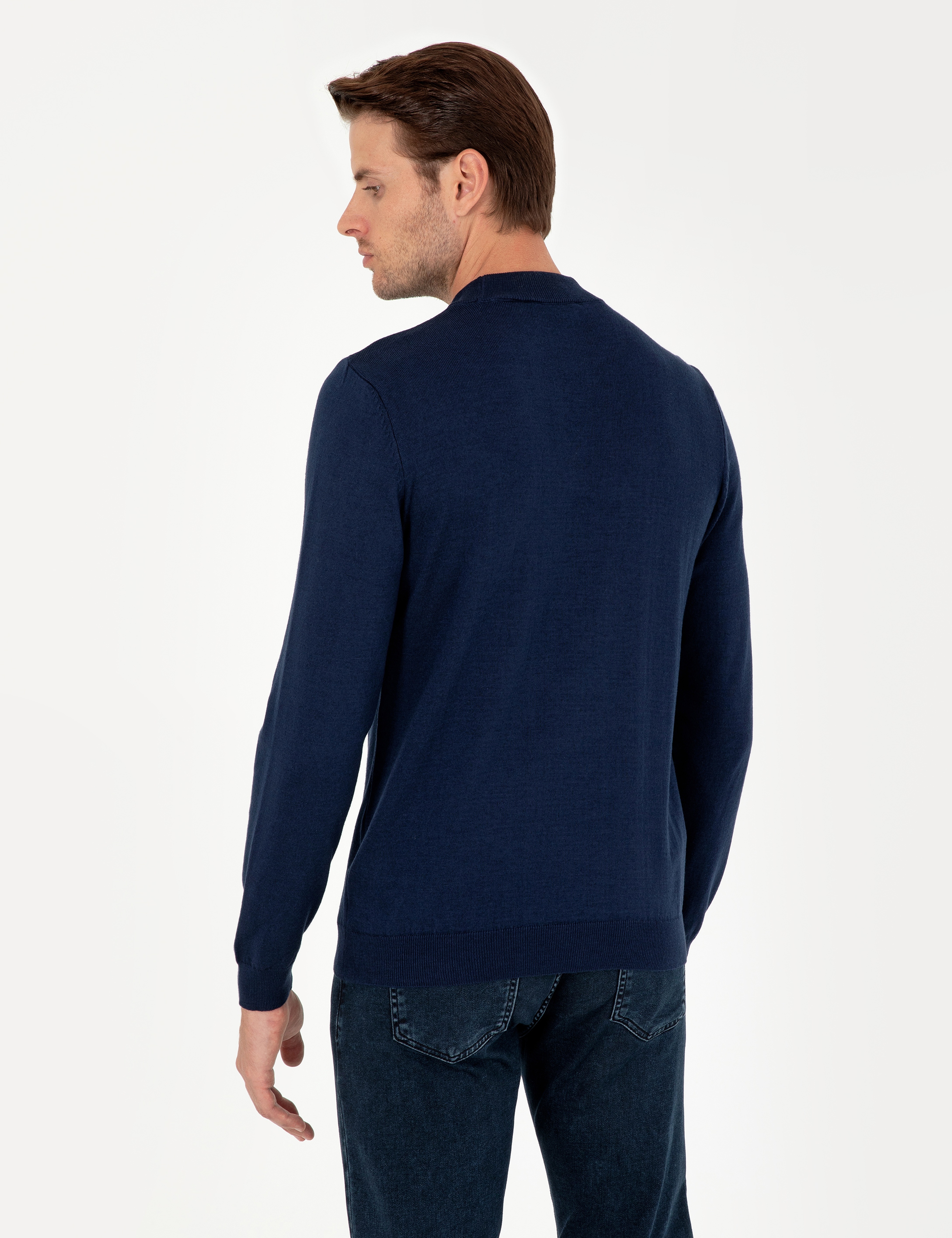 Açık Lacivert Slim Fit Çeyrek Yaka Basic Triko Kazak