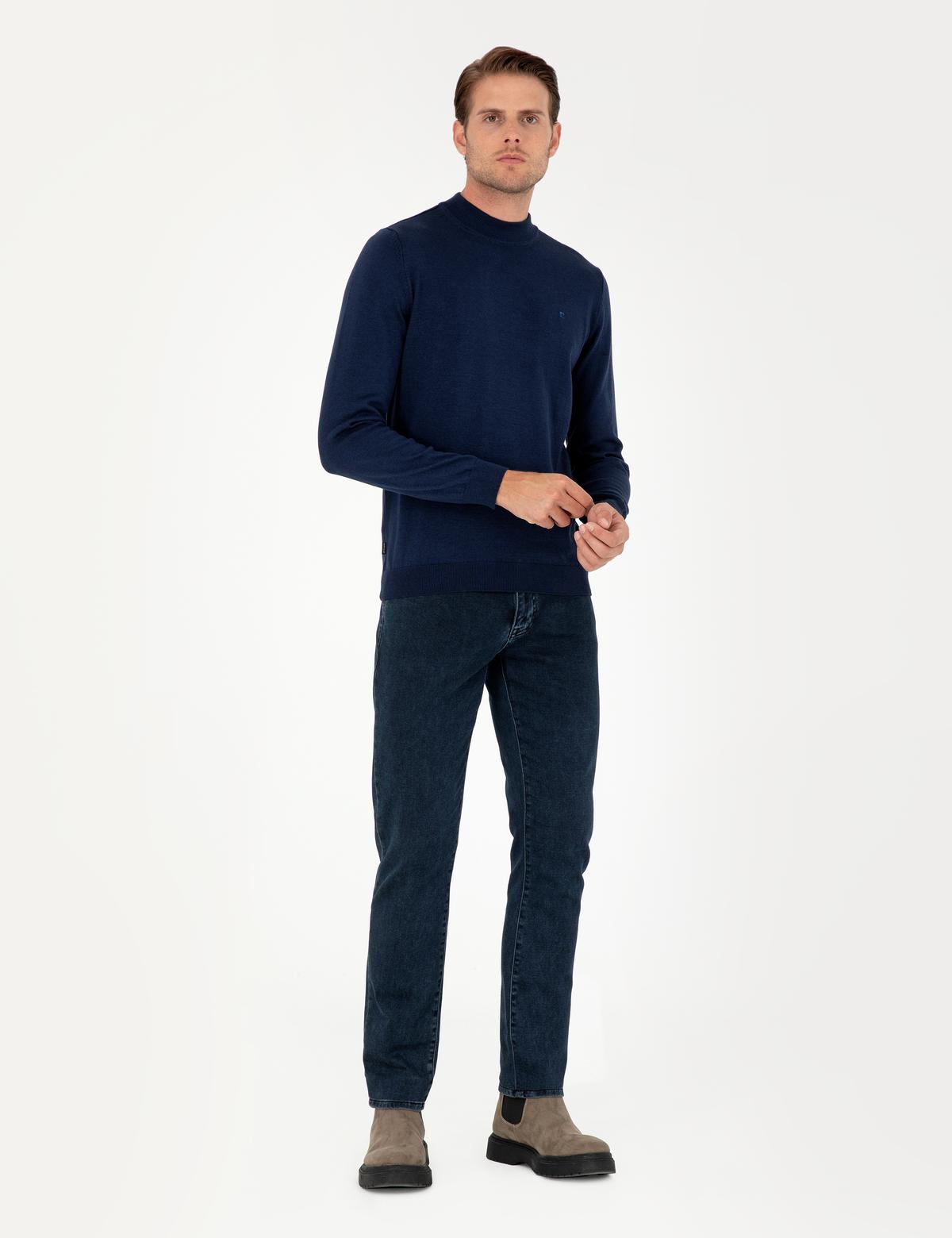 Açık Lacivert Slim Fit Çeyrek Yaka Basic Triko Kazak - 50296613033