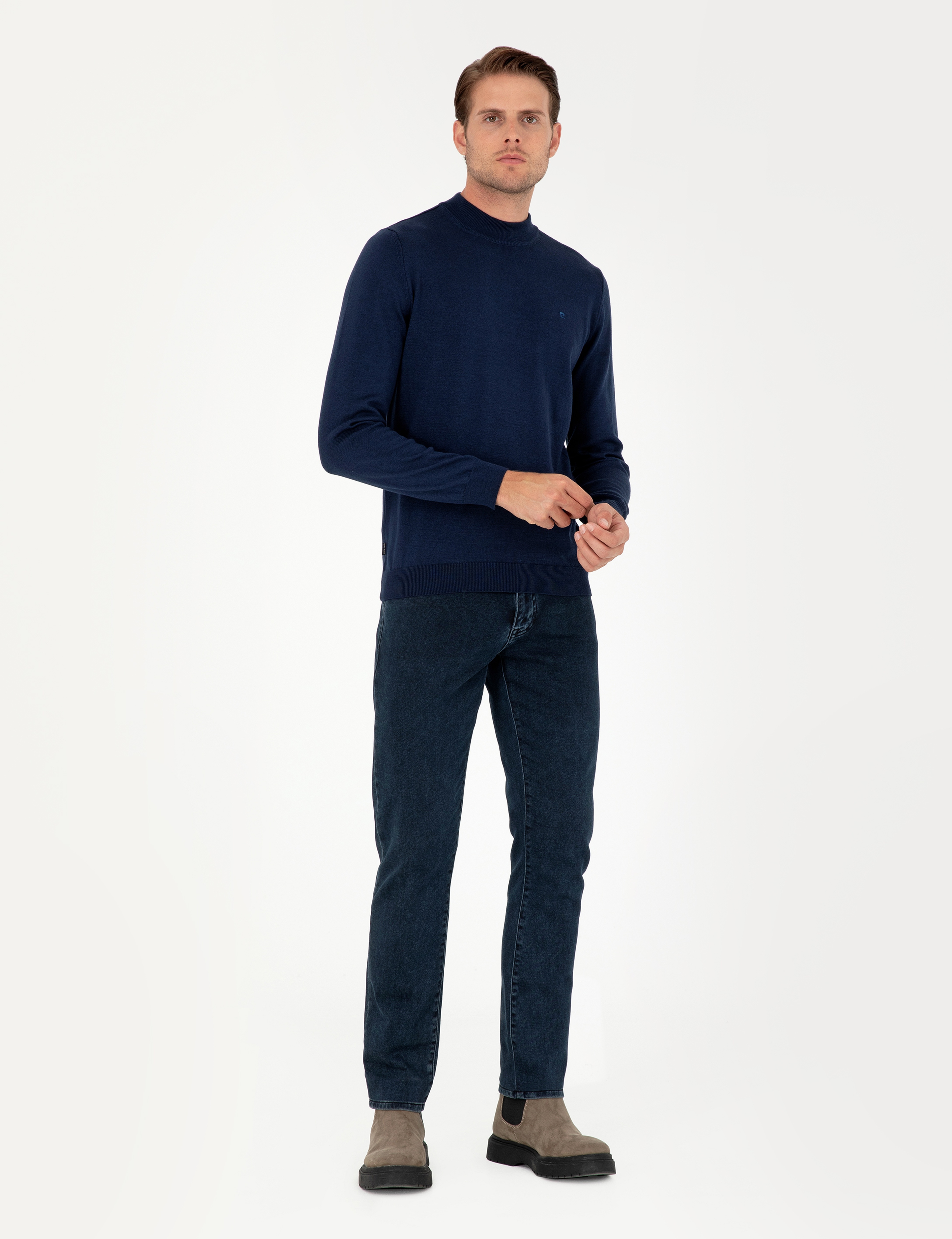Açık Lacivert Slim Fit Çeyrek Yaka Basic Triko Kazak