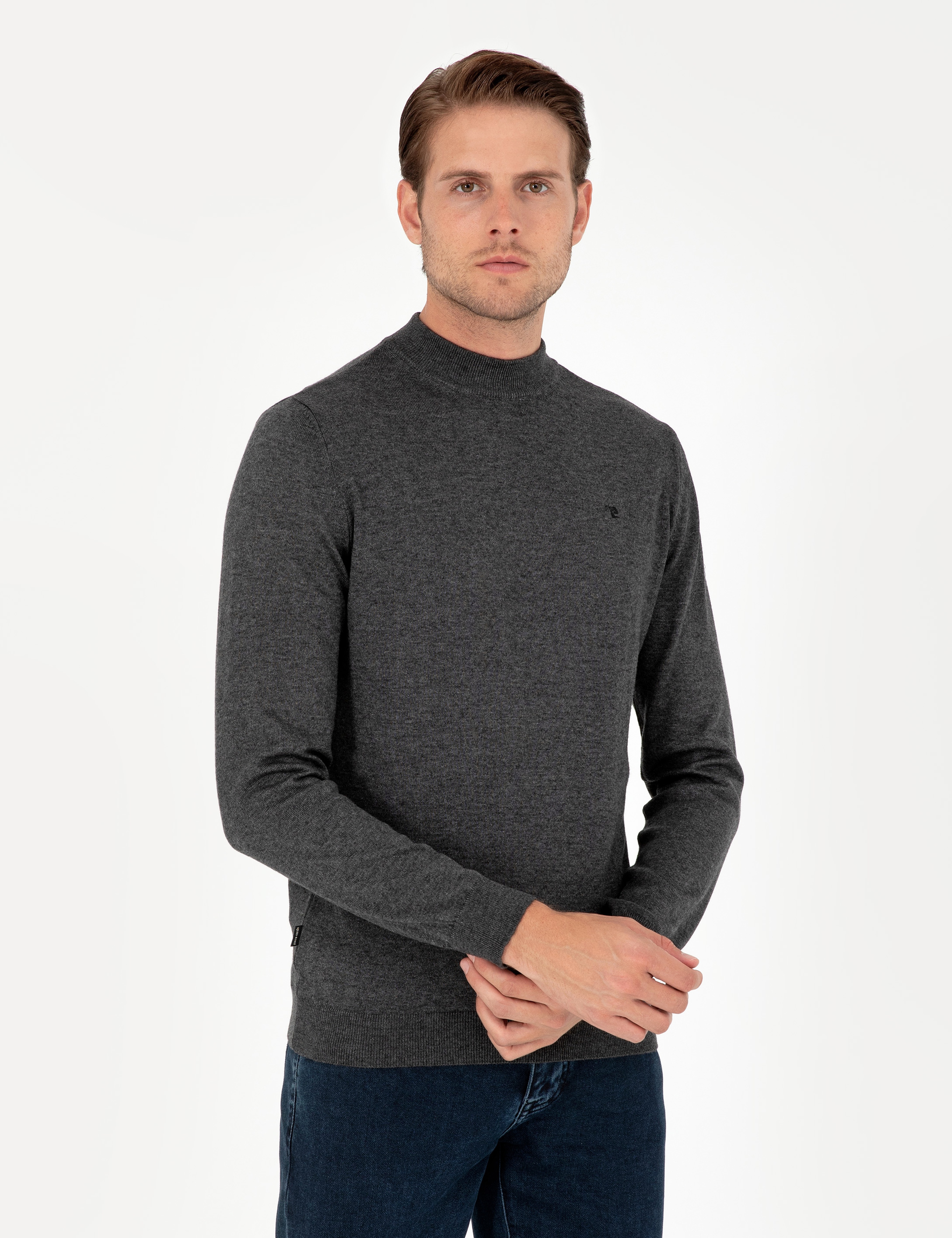 Antrasit Melanj Slim Fit Çeyrek Yaka Basic Triko Kazak - Image 1
