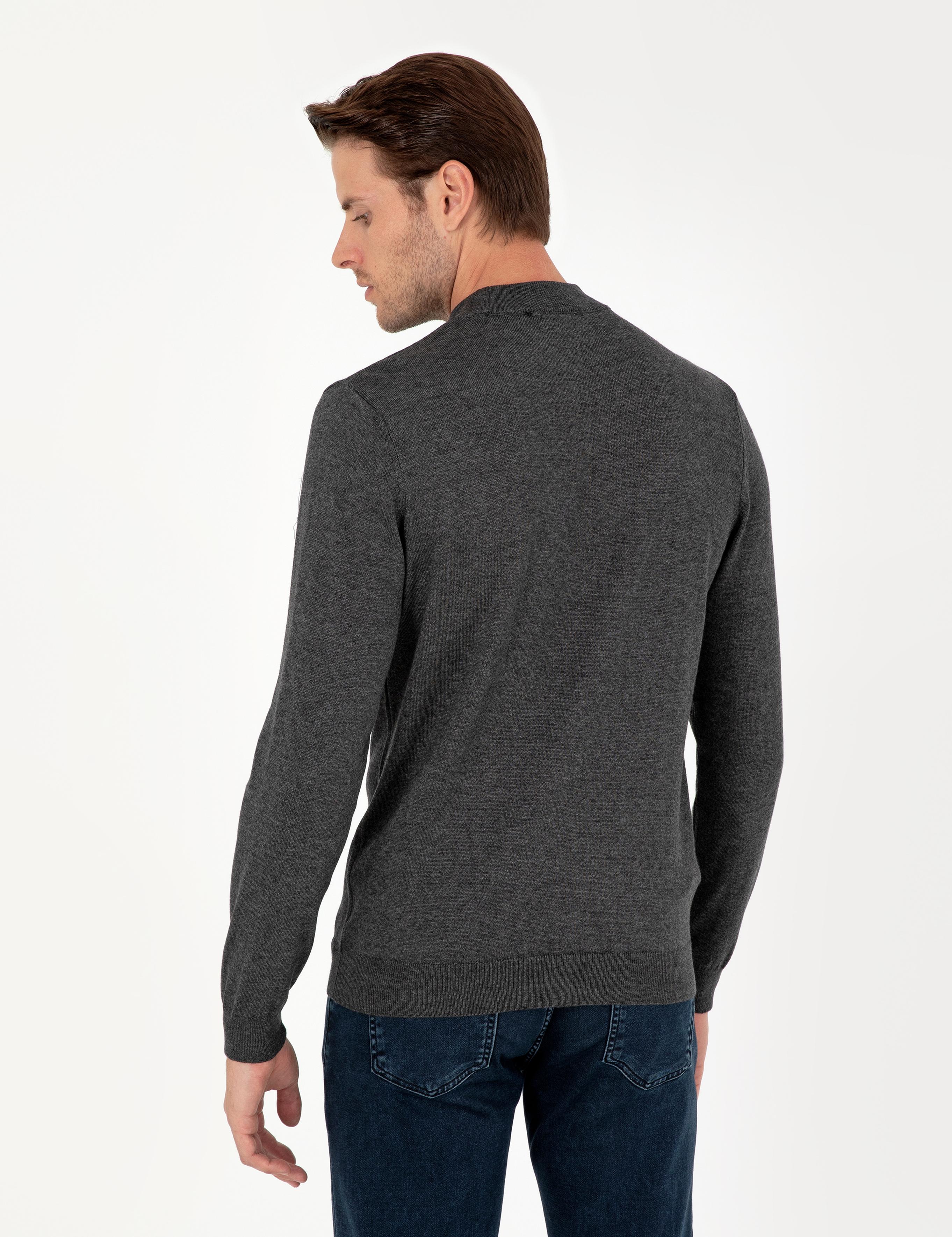 Antrasit Melanj Slim Fit Çeyrek Yaka Basic Triko Kazak