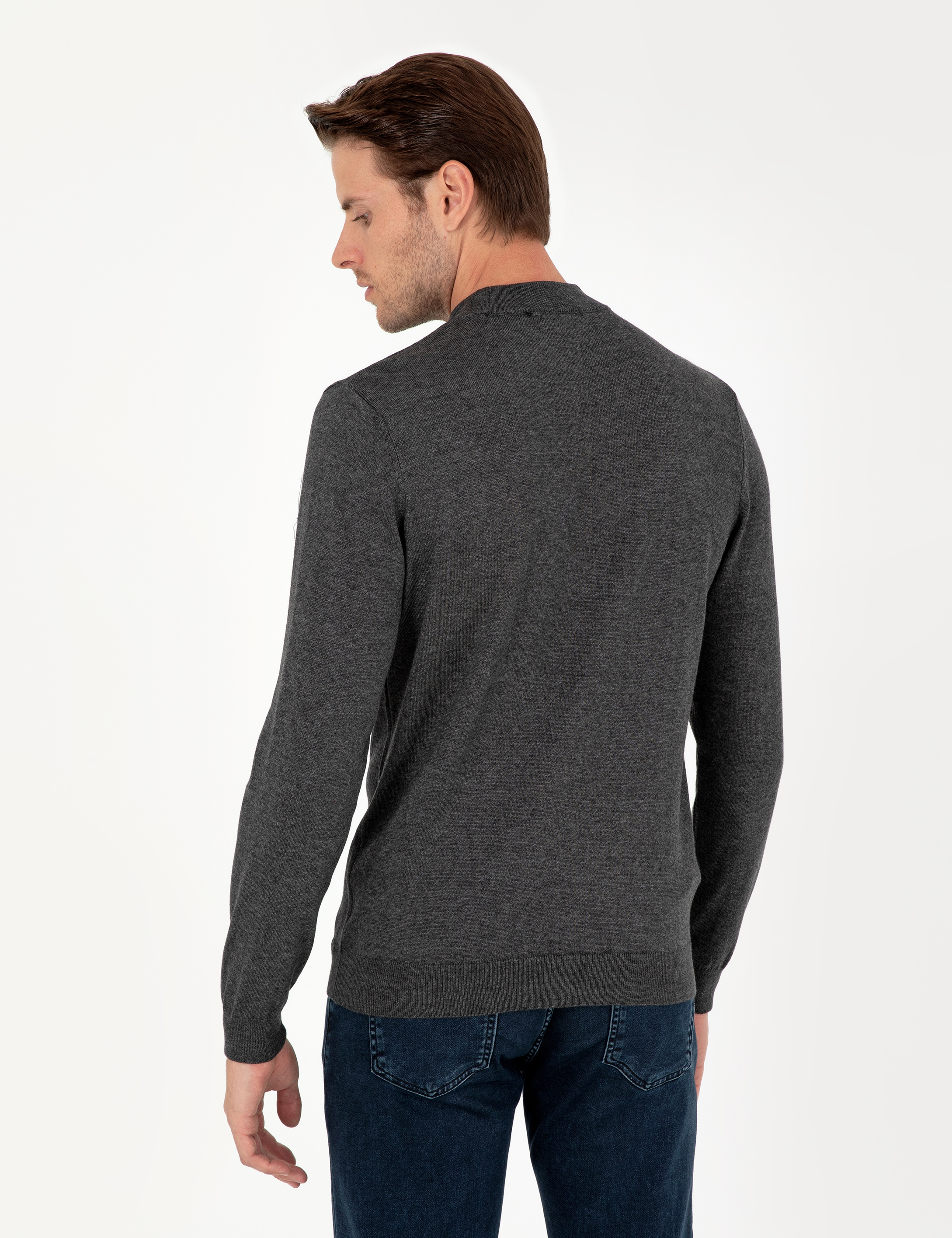 Antrasit Melanj Slim Fit Çeyrek Yaka Basic Triko Kazak