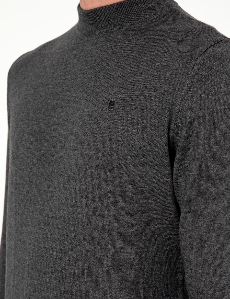 Antrasit Melanj Slim Fit Çeyrek Yaka Basic Triko Kazak