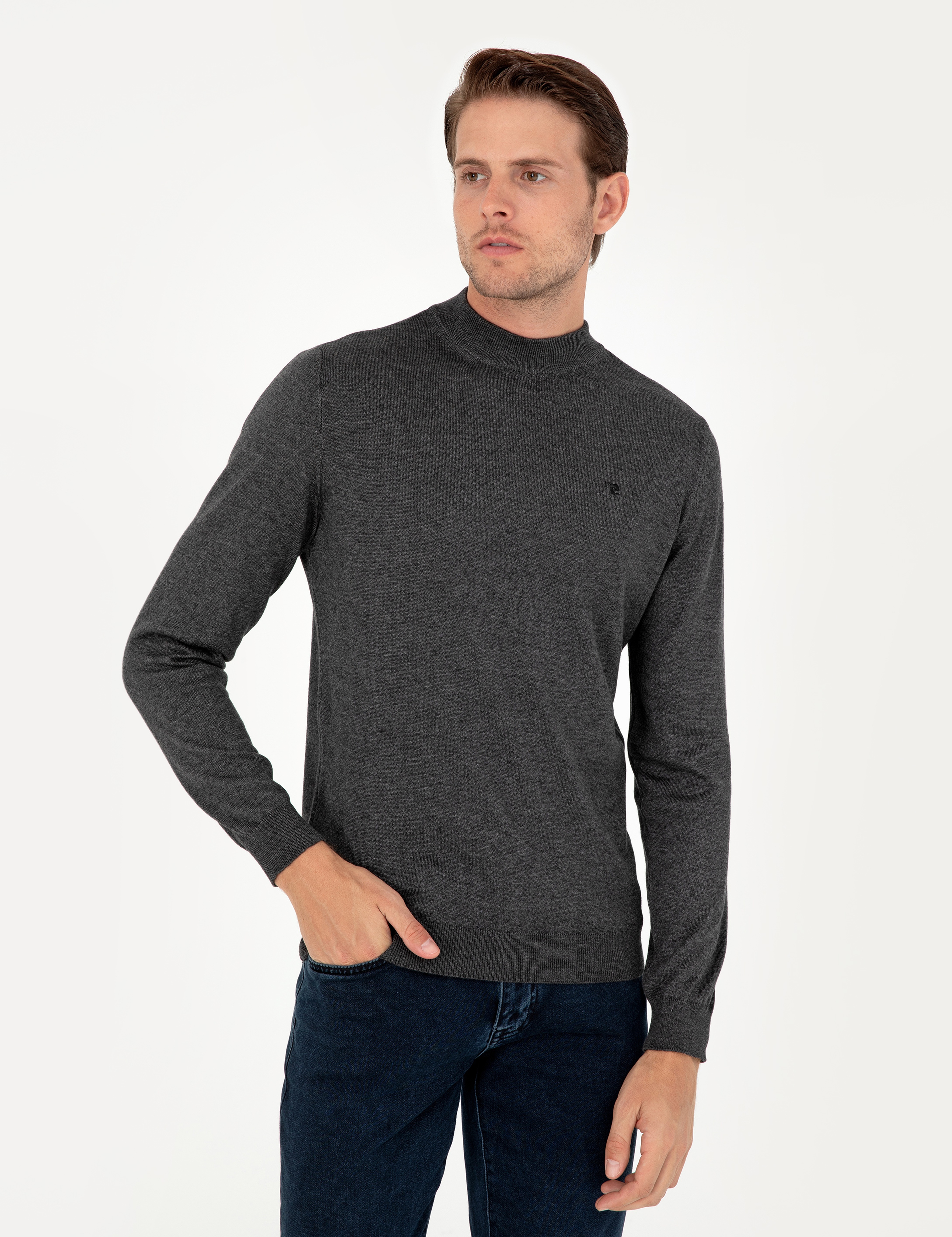 Antrasit Melanj Slim Fit Çeyrek Yaka Basic Triko Kazak - Image 3