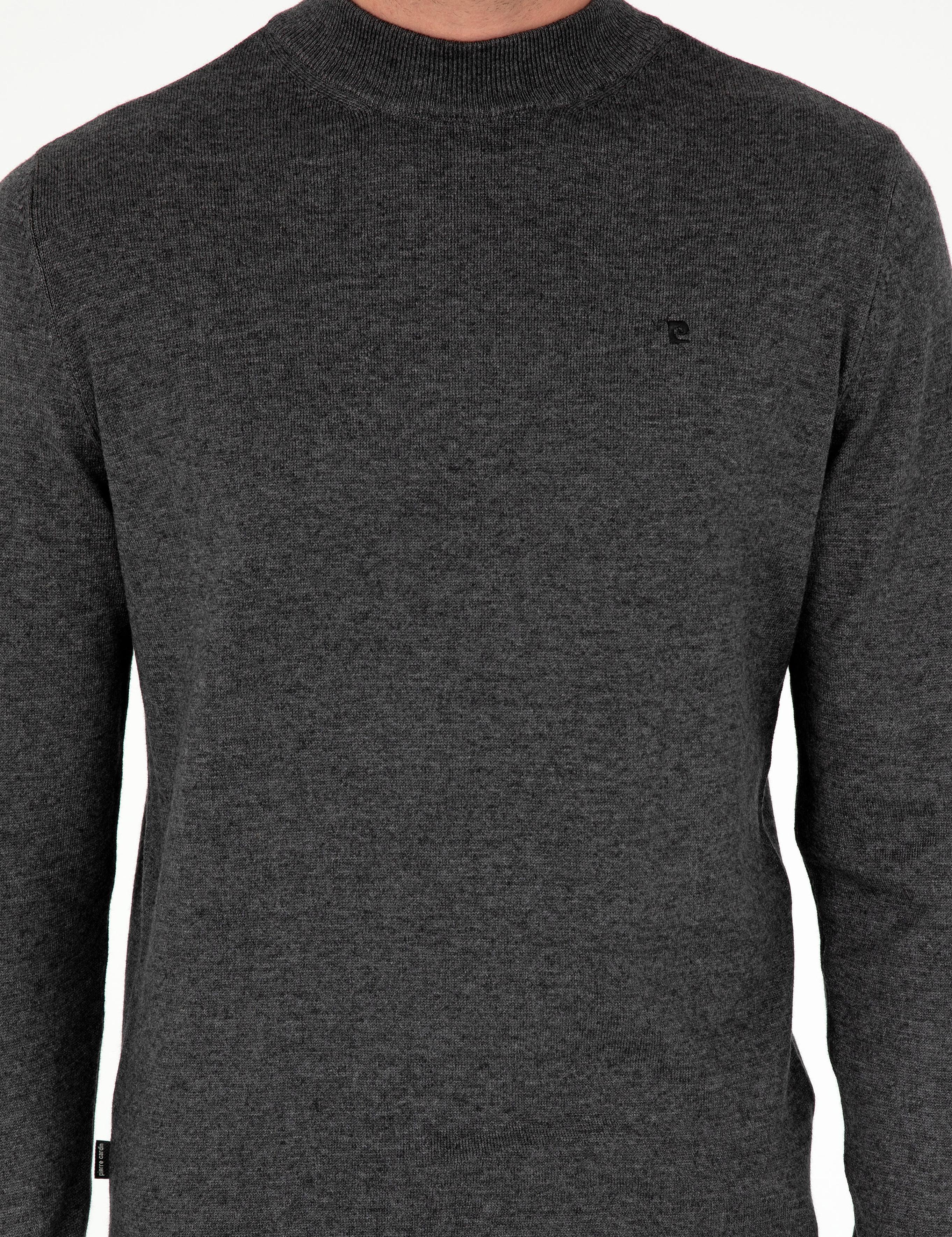 Antrasit Melanj Slim Fit Çeyrek Yaka Basic Triko Kazak