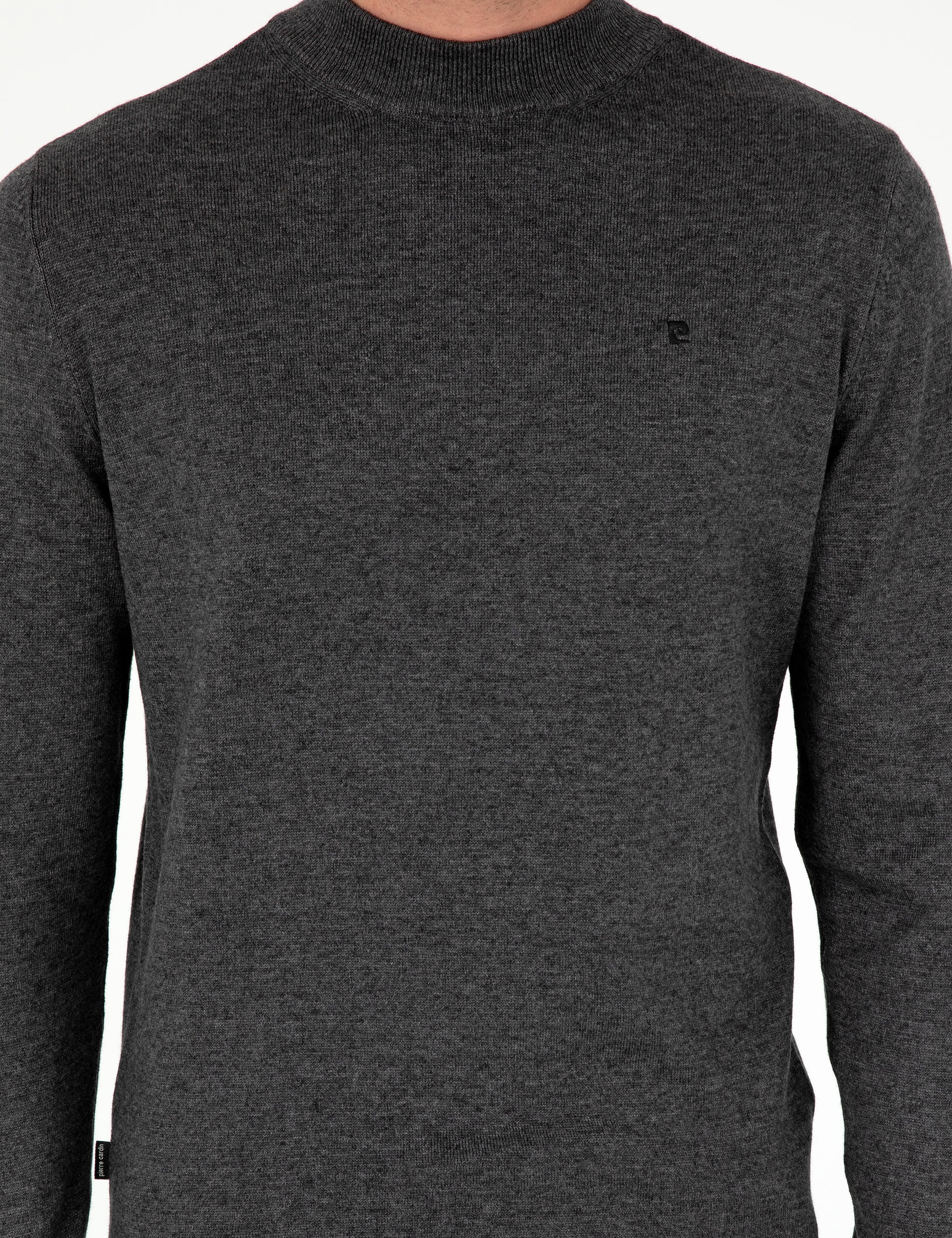 Antrasit Melanj Slim Fit Çeyrek Yaka Basic Triko Kazak