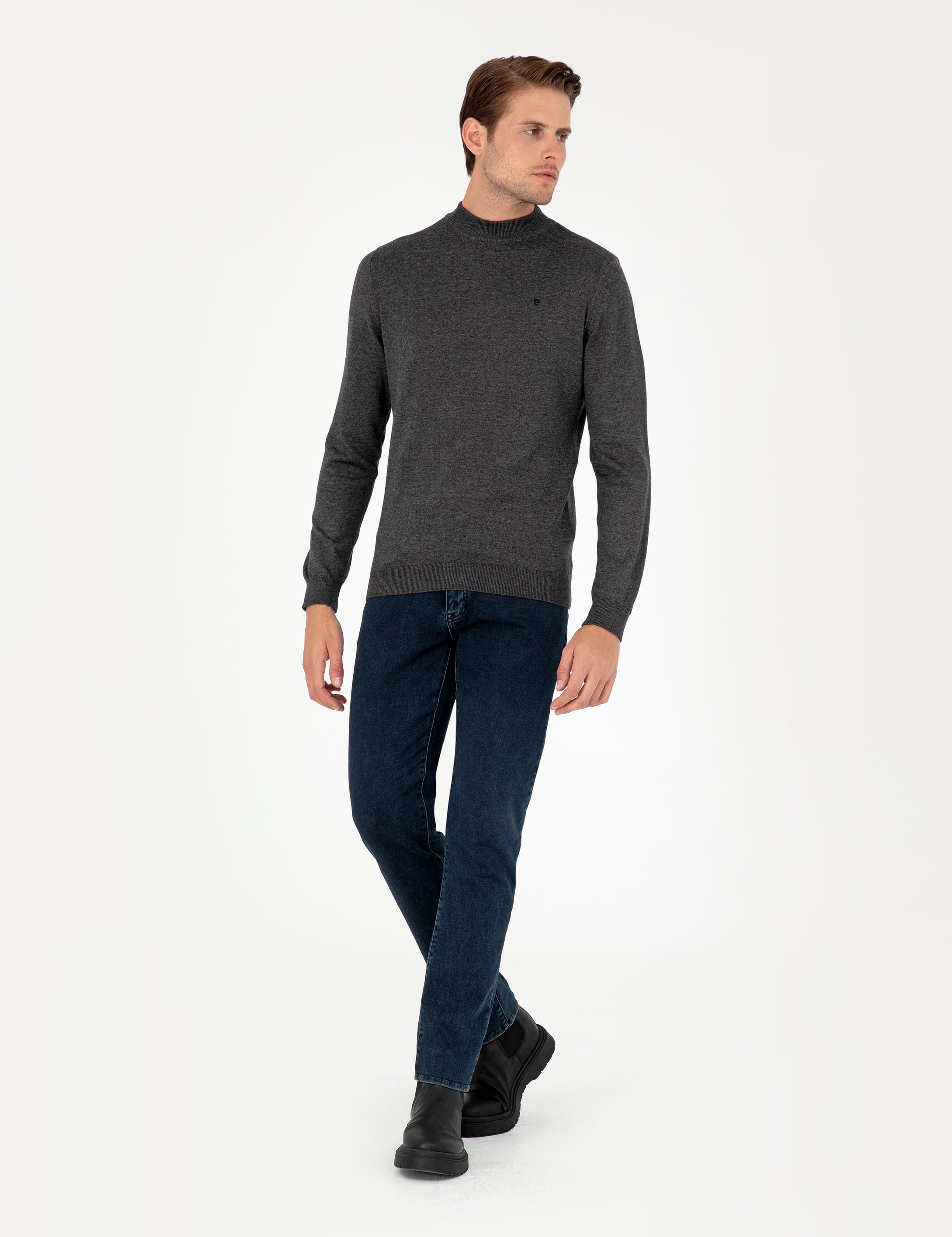 Antrasit Melanj Slim Fit Çeyrek Yaka Basic Triko Kazak