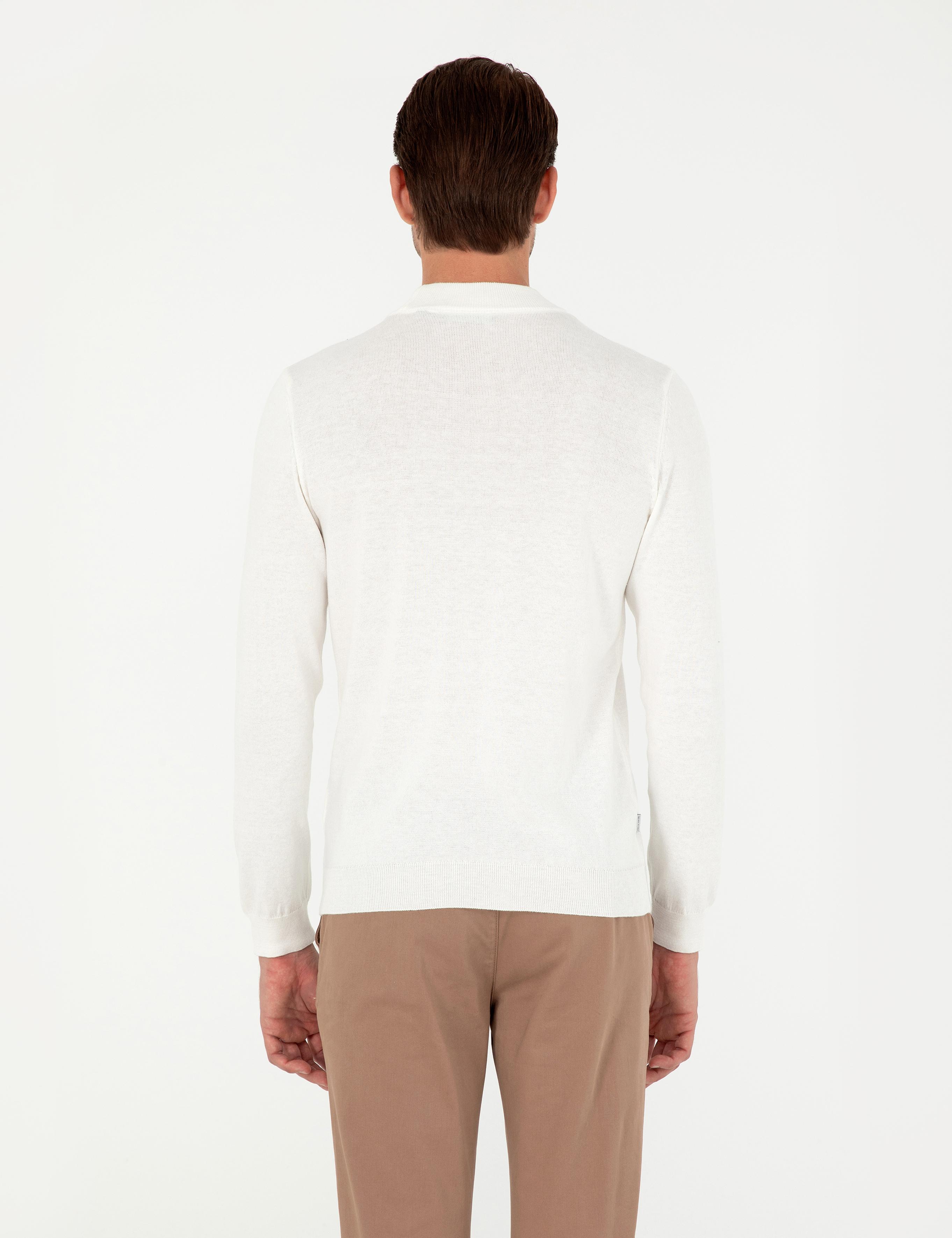 Ekru Slim Fit Çeyrek Yaka Basic Triko Kazak