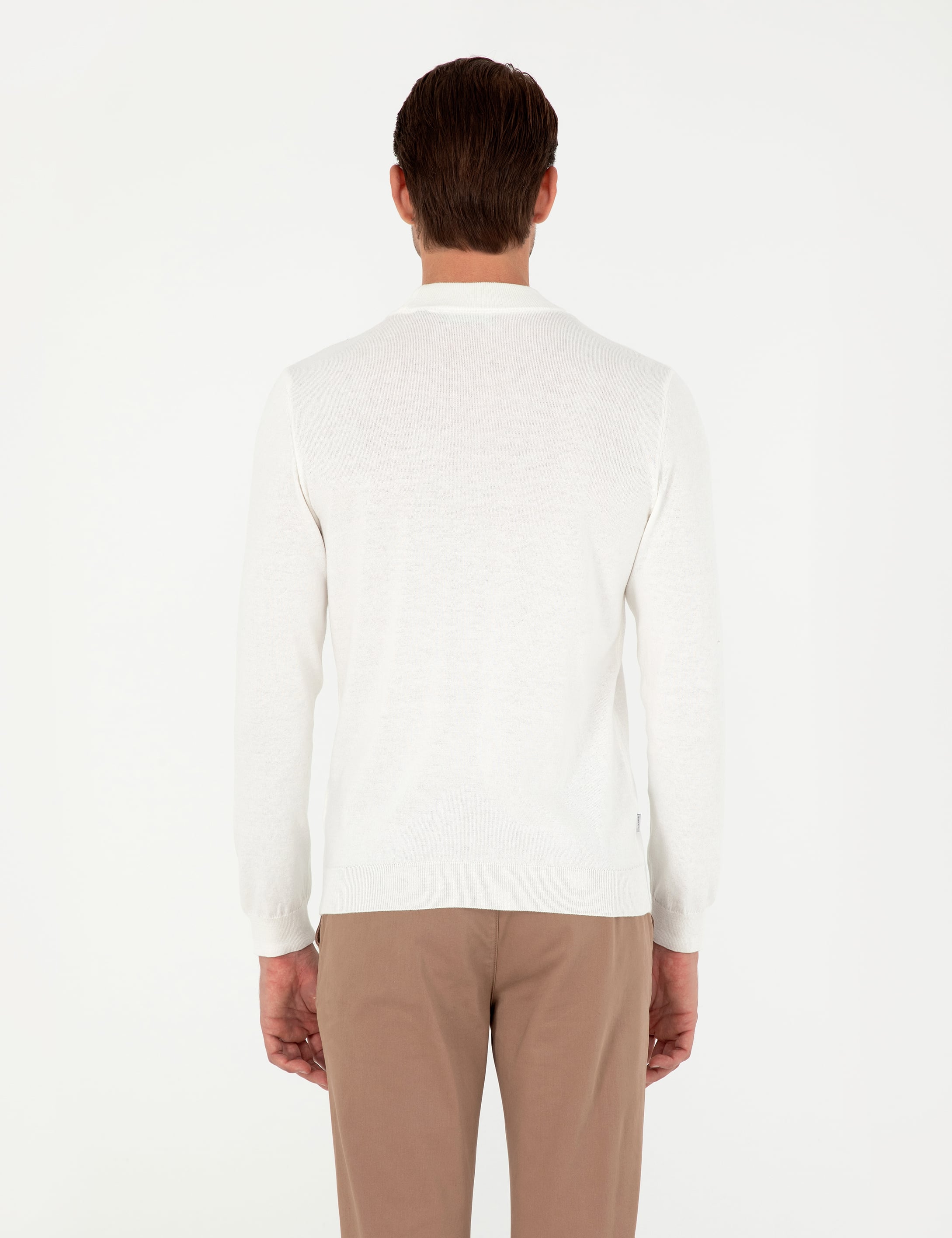 Ekru Slim Fit Çeyrek Yaka Basic Triko Kazak