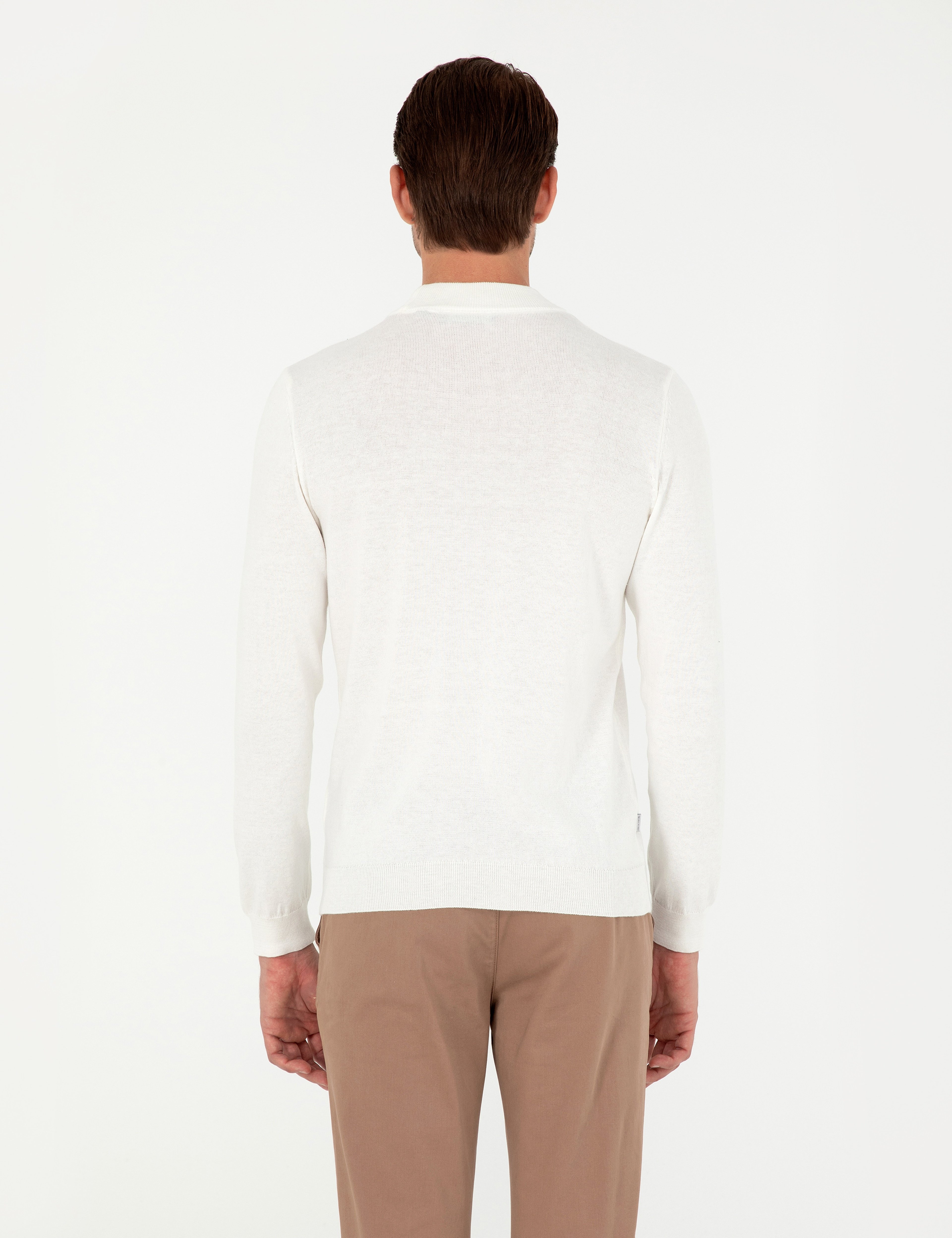 Ekru Slim Fit Çeyrek Yaka Basic Triko Kazak