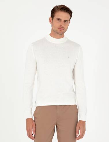 Ekru Slim Fit Çeyrek Yaka Basic Triko Kazak