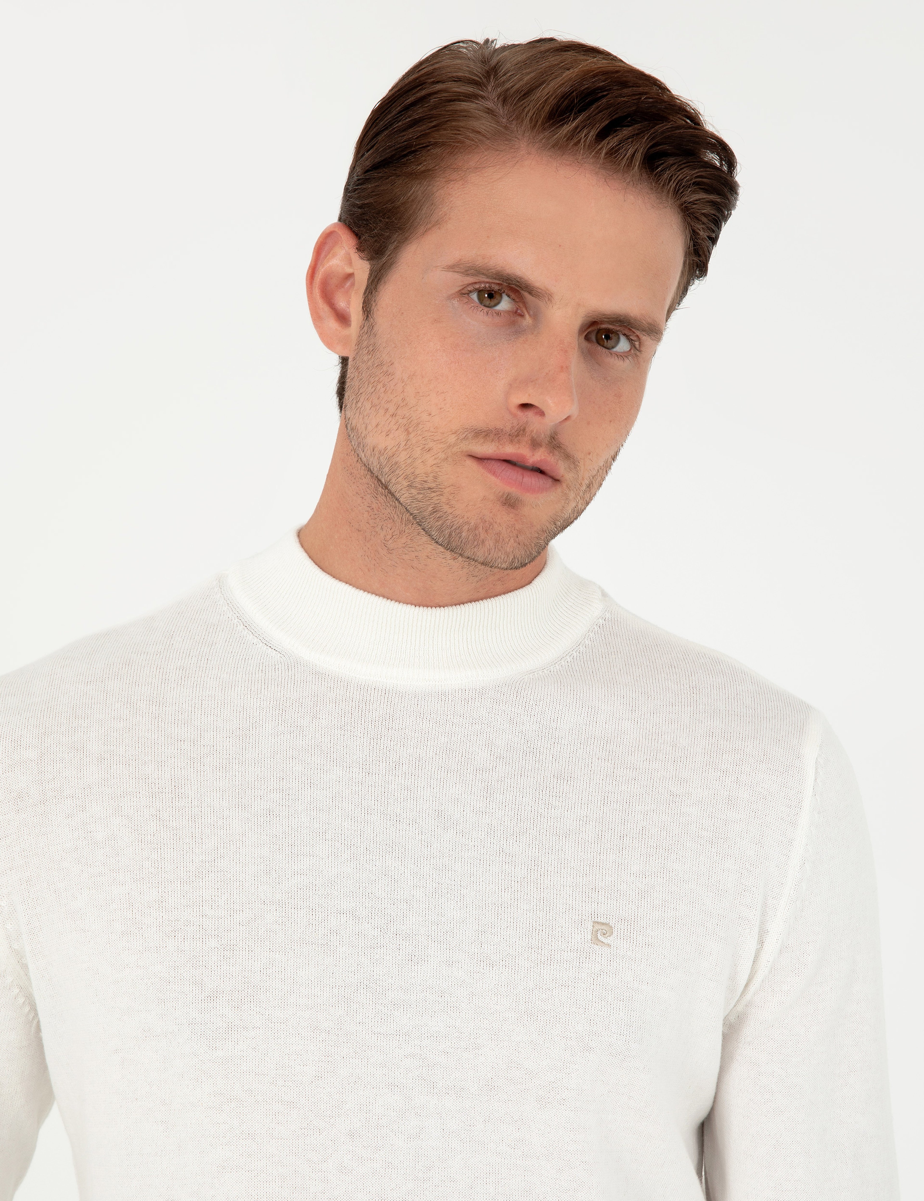 Ekru Slim Fit Çeyrek Yaka Basic Triko Kazak - Image 2