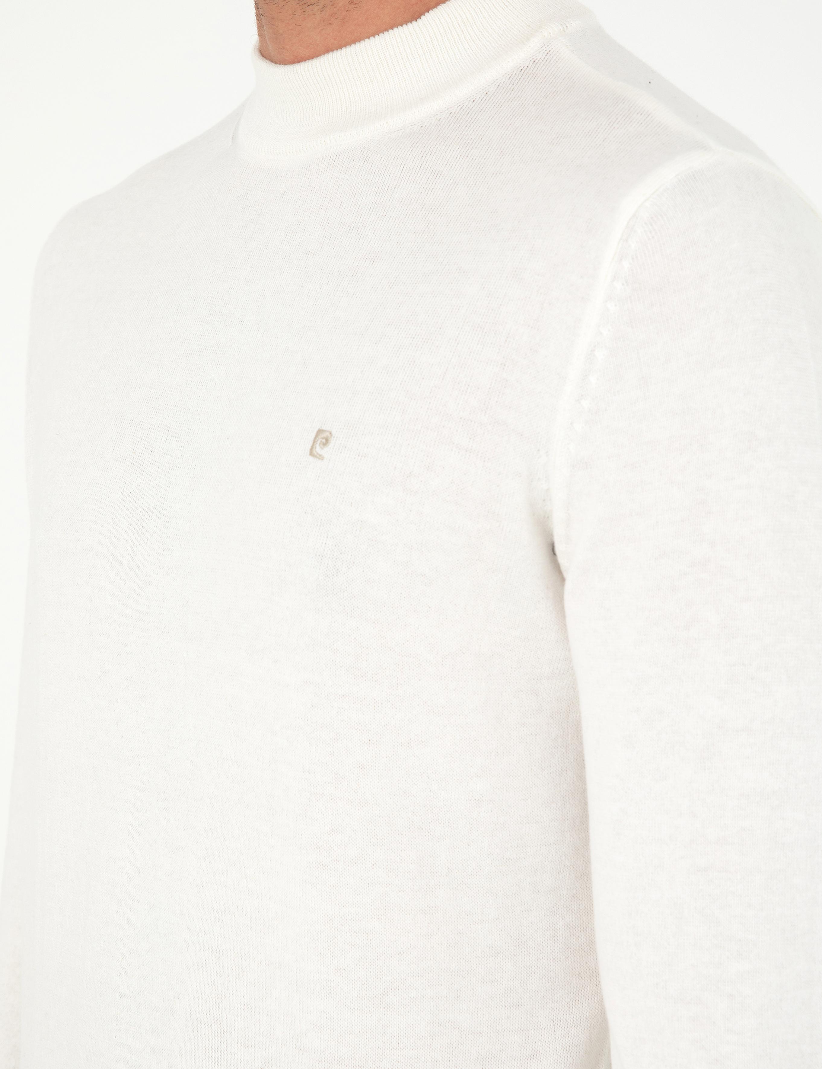 Ekru Slim Fit Çeyrek Yaka Basic Triko Kazak