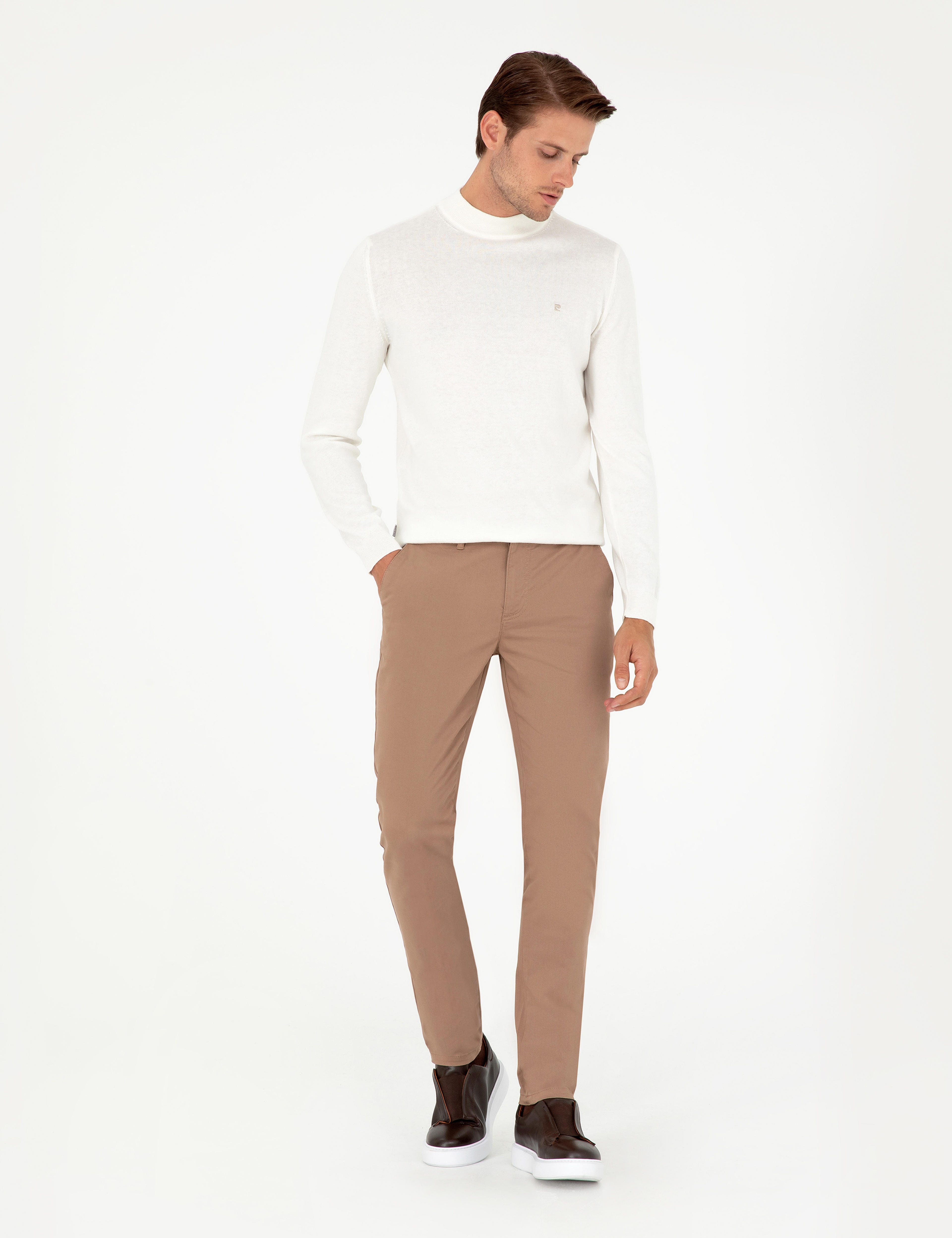 Ekru Slim Fit Çeyrek Yaka Basic Triko Kazak - Image 4