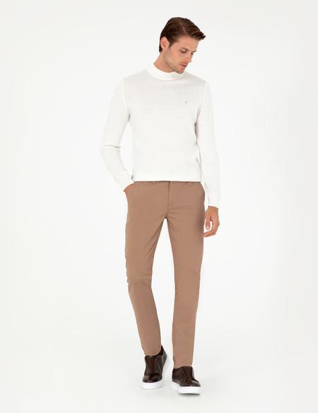 Ekru Slim Fit Çeyrek Yaka Basic Triko Kazak - 50296613013