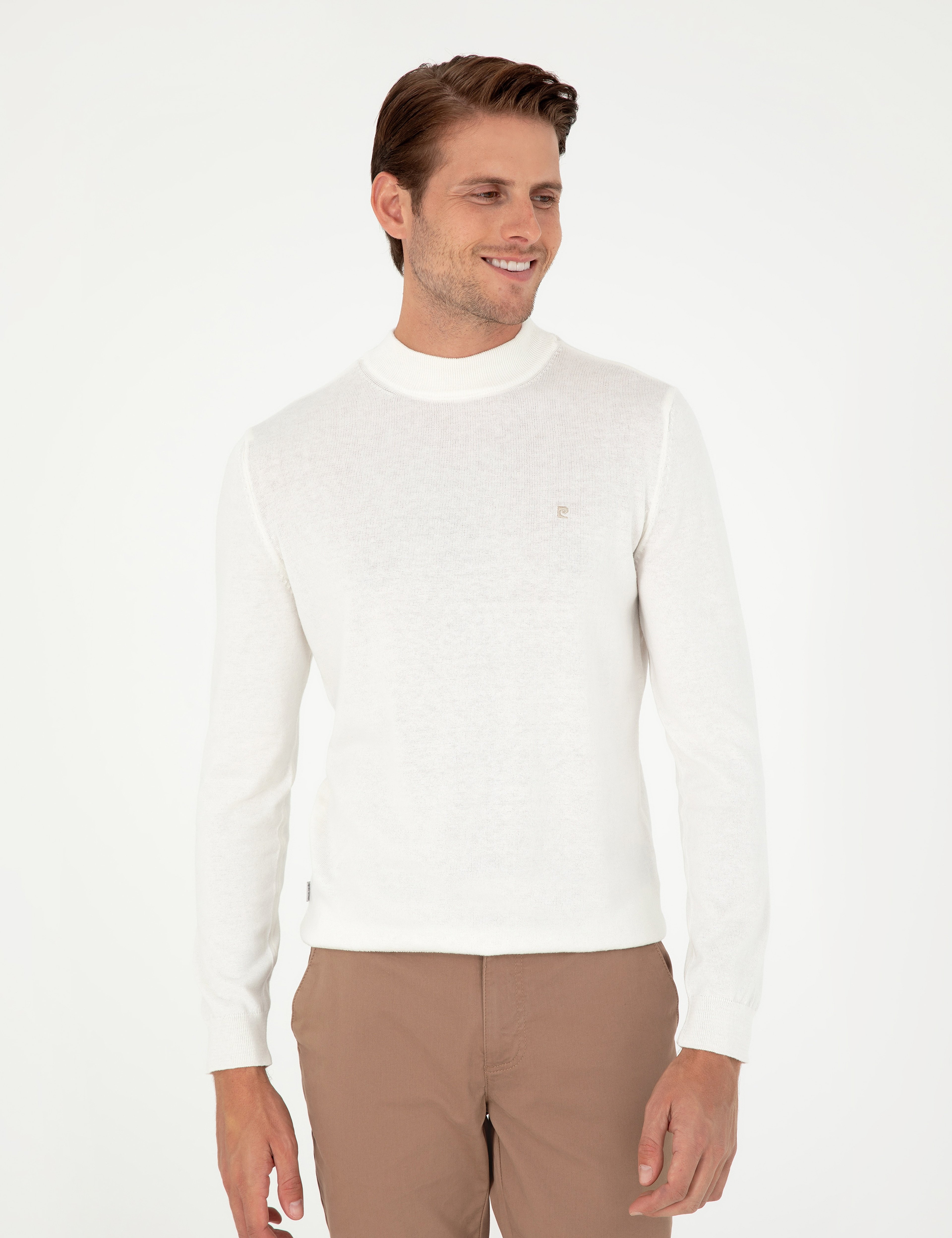 Ekru Slim Fit Çeyrek Yaka Basic Triko Kazak - Image 3