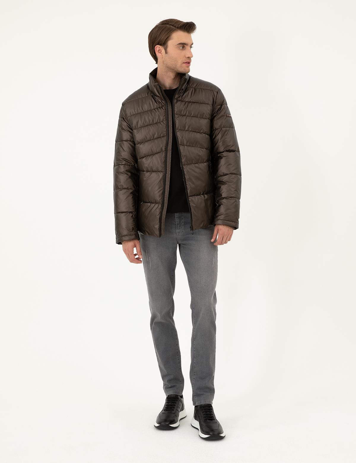 Kahverengi Parlak Şişme Mont - 50295077007