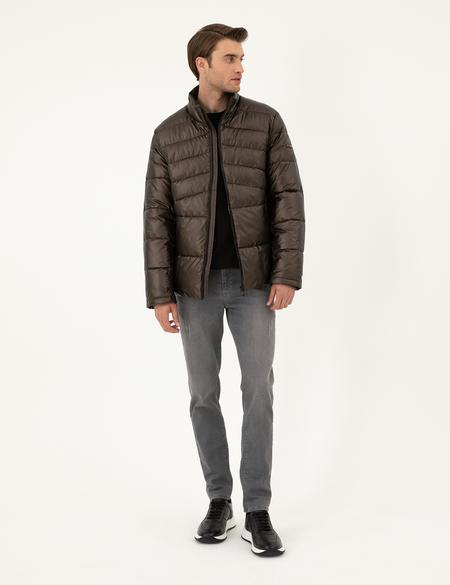 Kahverengi Parlak Şişme Mont - 50295077007