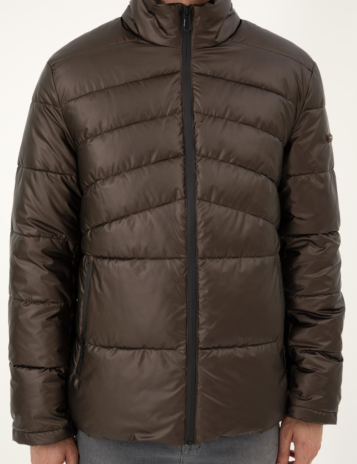 Kahverengi Parlak Şişme Mont - 50295077007