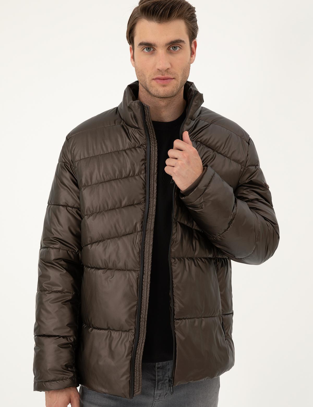 Kahverengi Parlak Şişme Mont - 50295077007