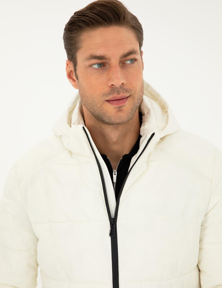 Ekru Kapüşonlu Şişme Mont