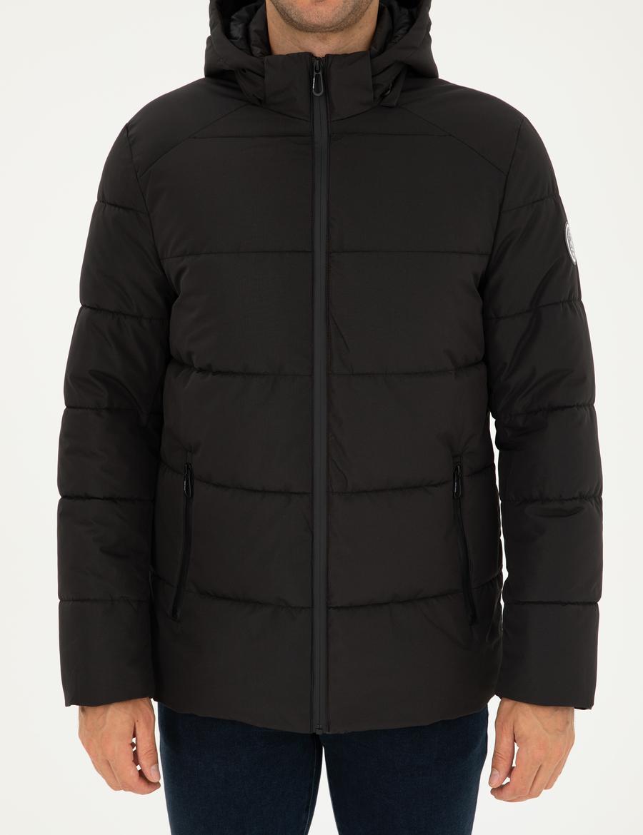 Siyah Kapüşonlu Şişme Mont