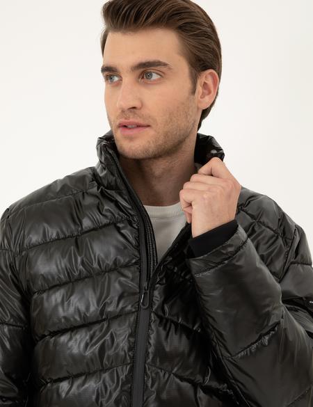 Siyah Parlak Şişme Mont - 50295077015