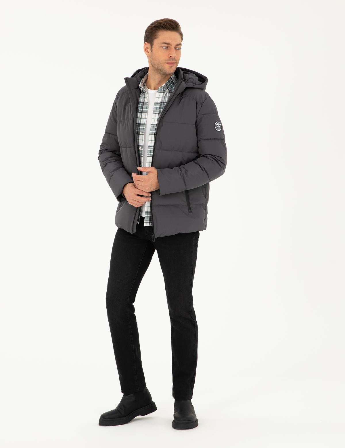 Gri Kapüşonlu Şişme Mont - 50295054052