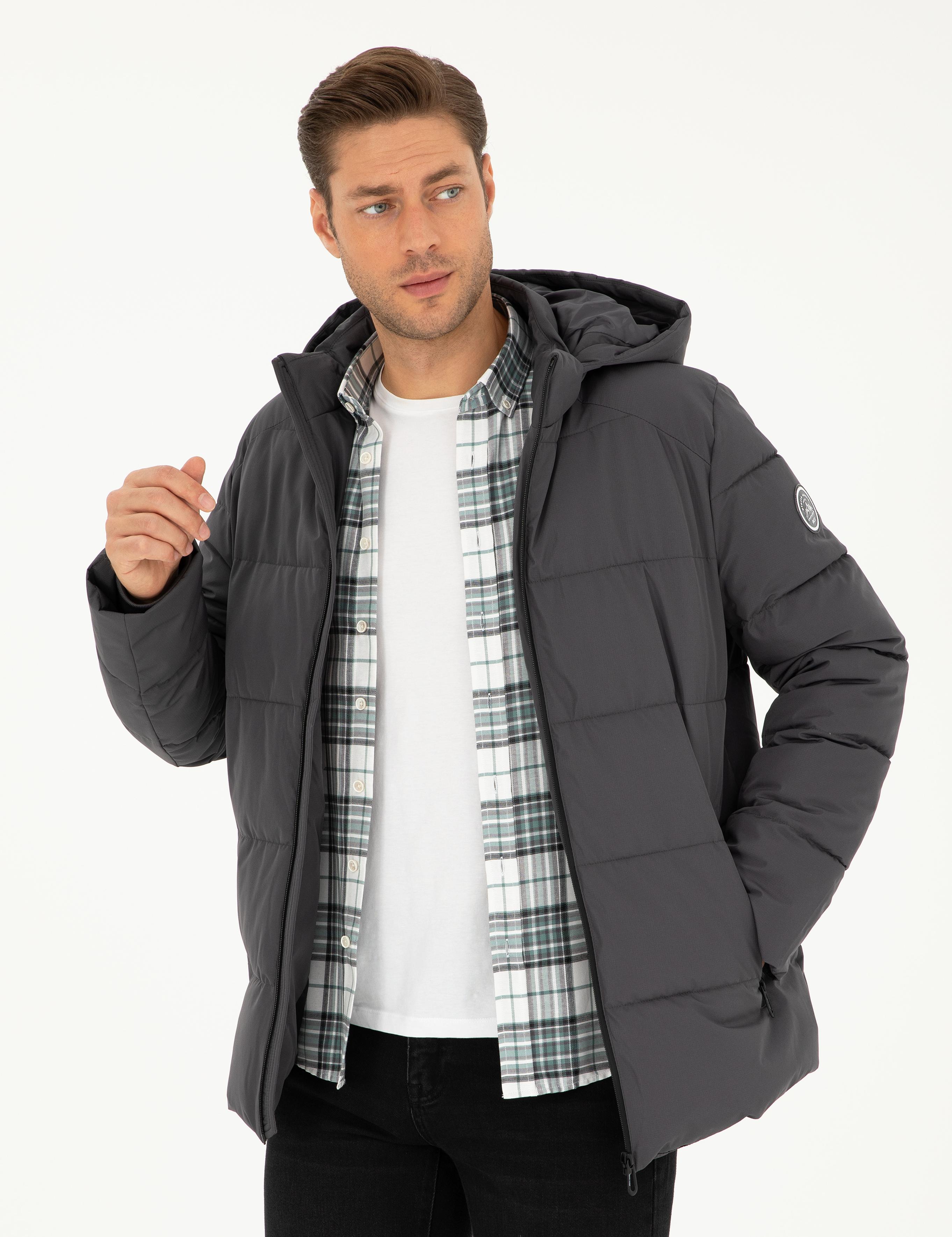 Gri Kapüşonlu Şişme Mont