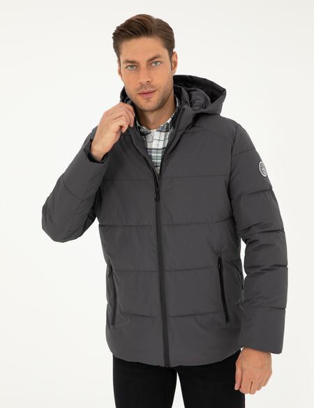 Gri Kapüşonlu Şişme Mont - 50295054052