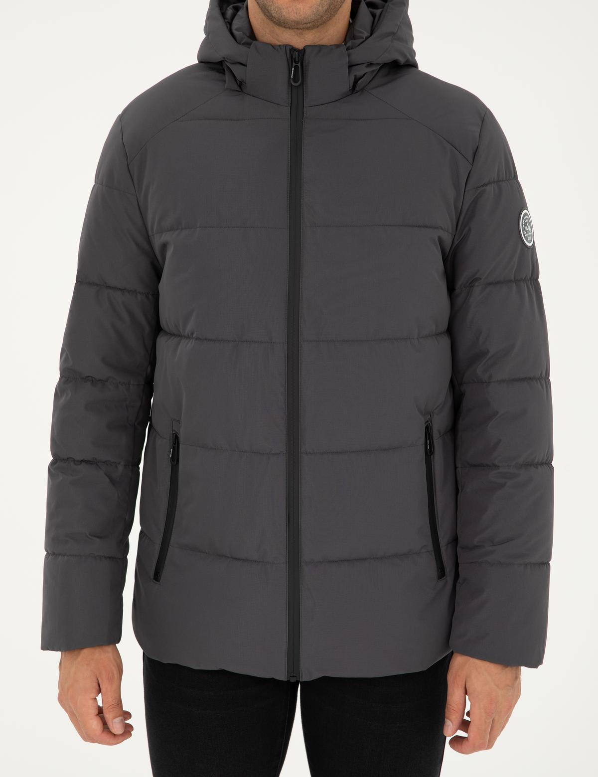 Gri Kapüşonlu Şişme Mont - 50295054052