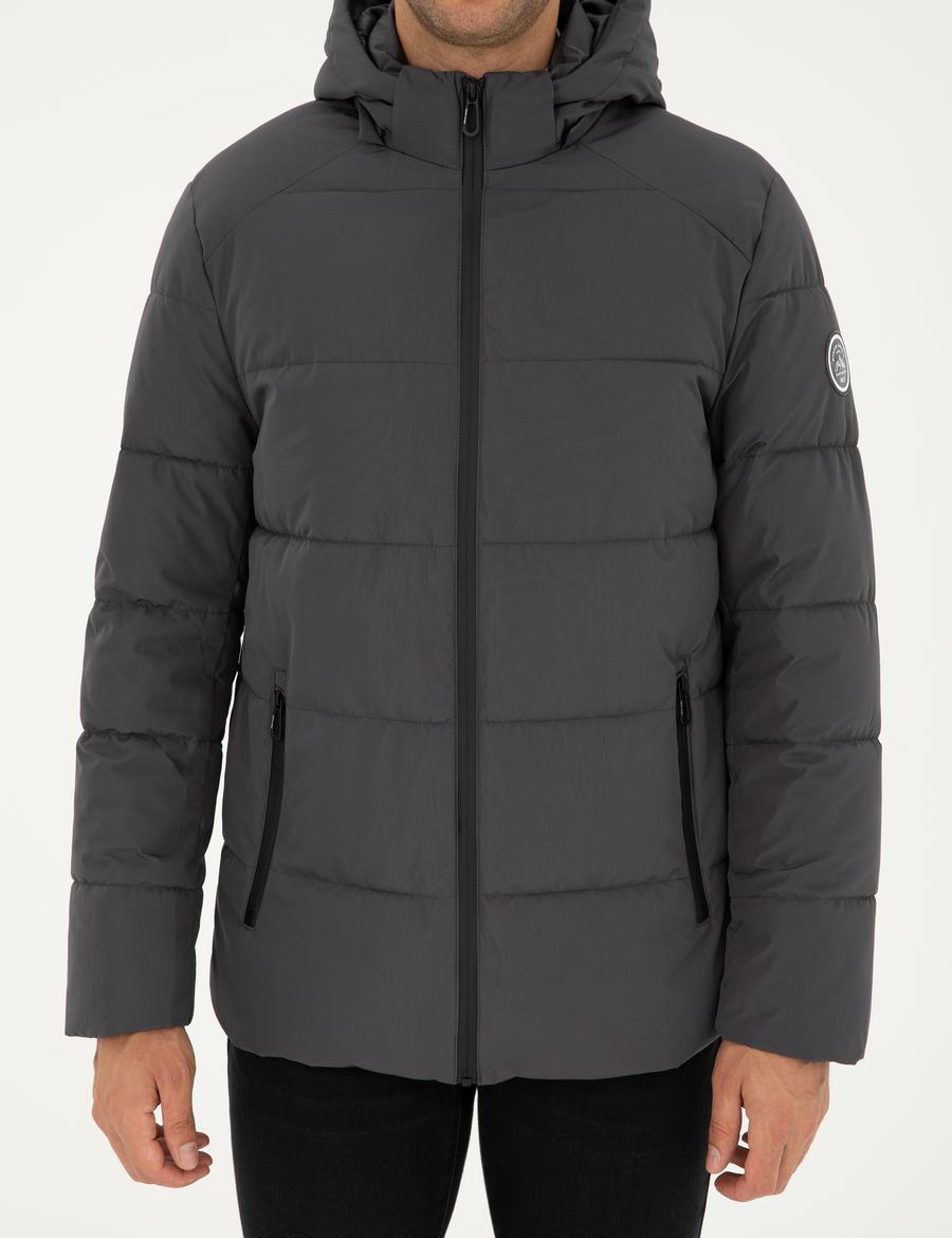 Gri Kapüşonlu Şişme Mont