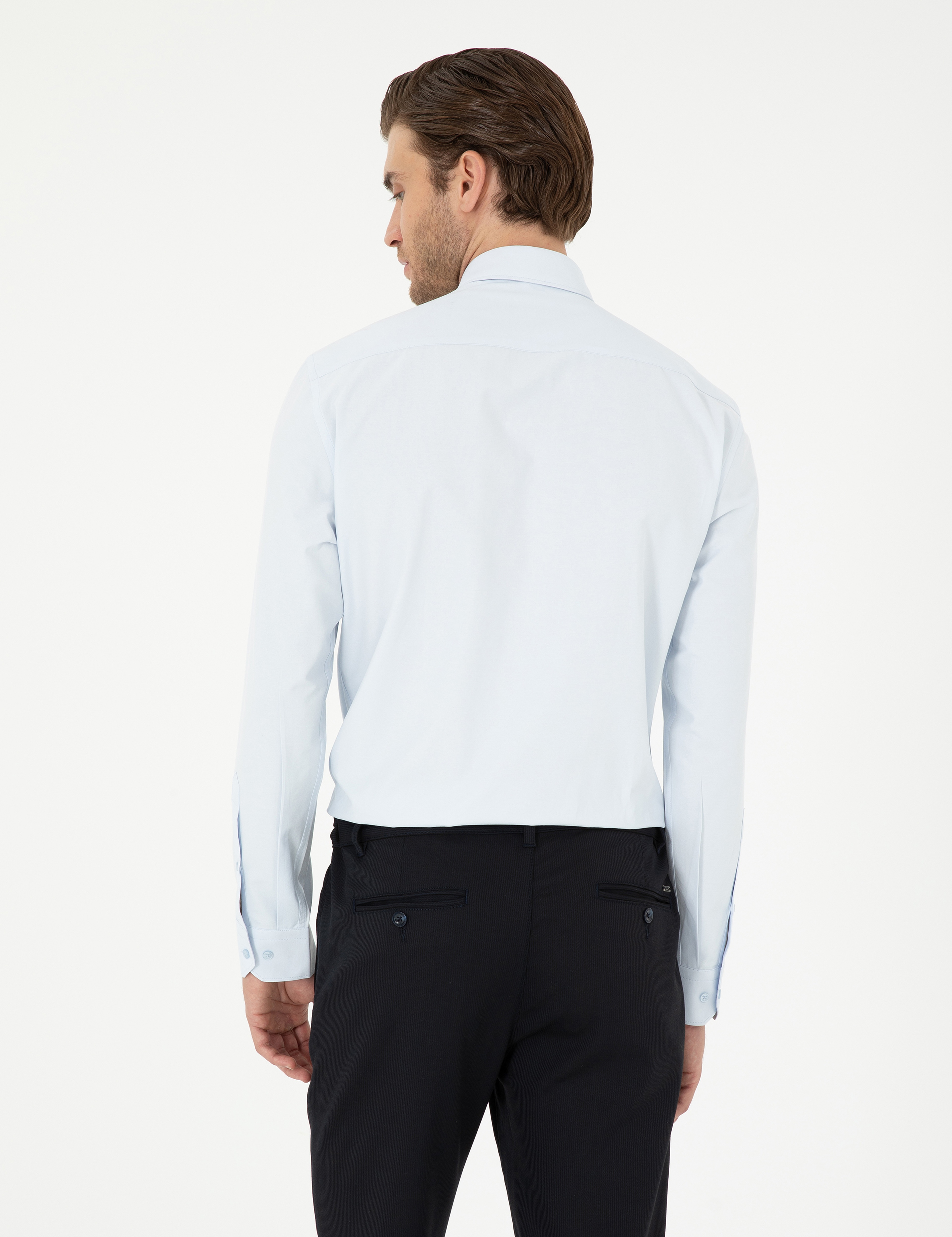 Açık Mavi Slim Fit Uzun Kollu Basic Gömlek - Image 5