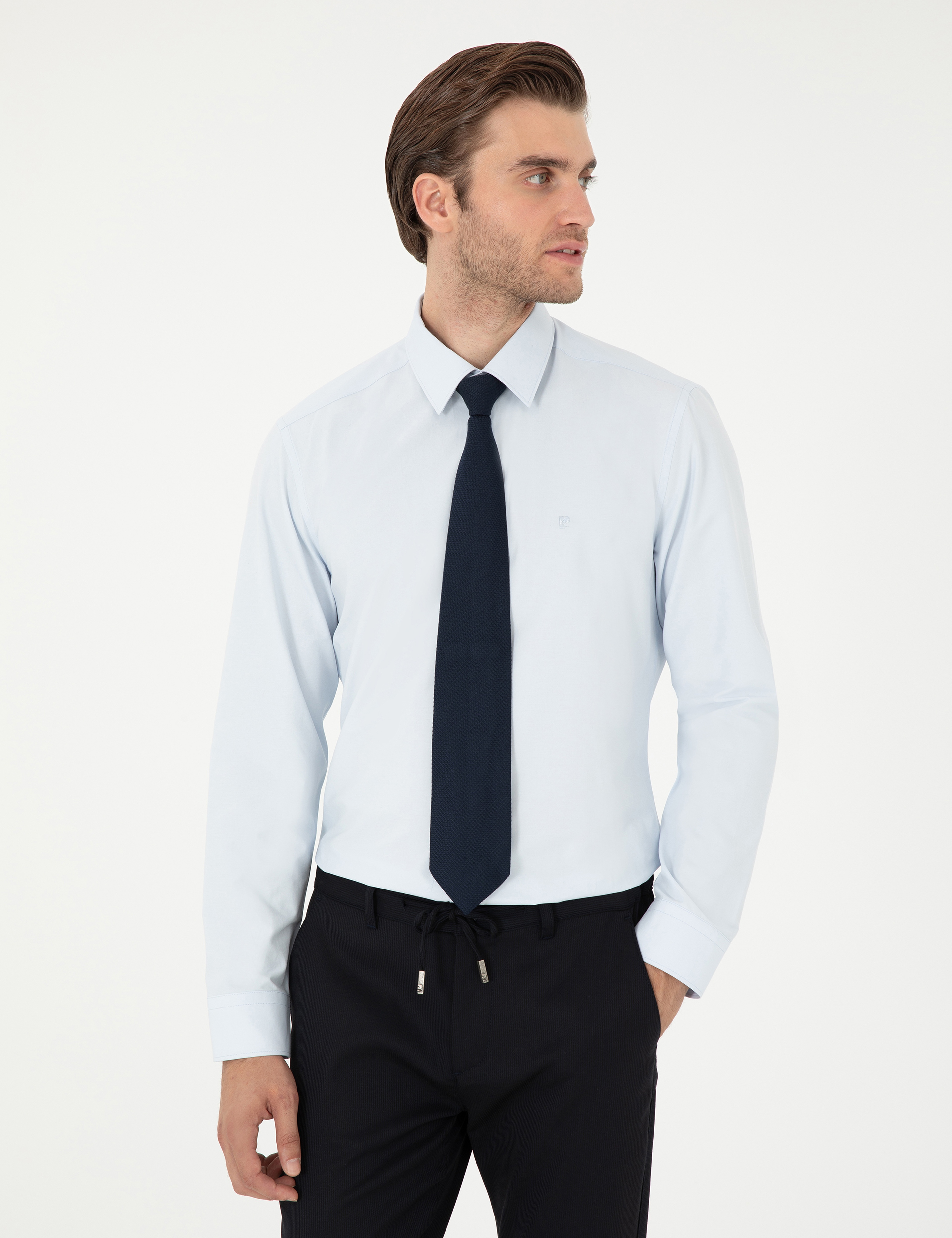 Açık Mavi Slim Fit Uzun Kollu Basic Gömlek - Image 3