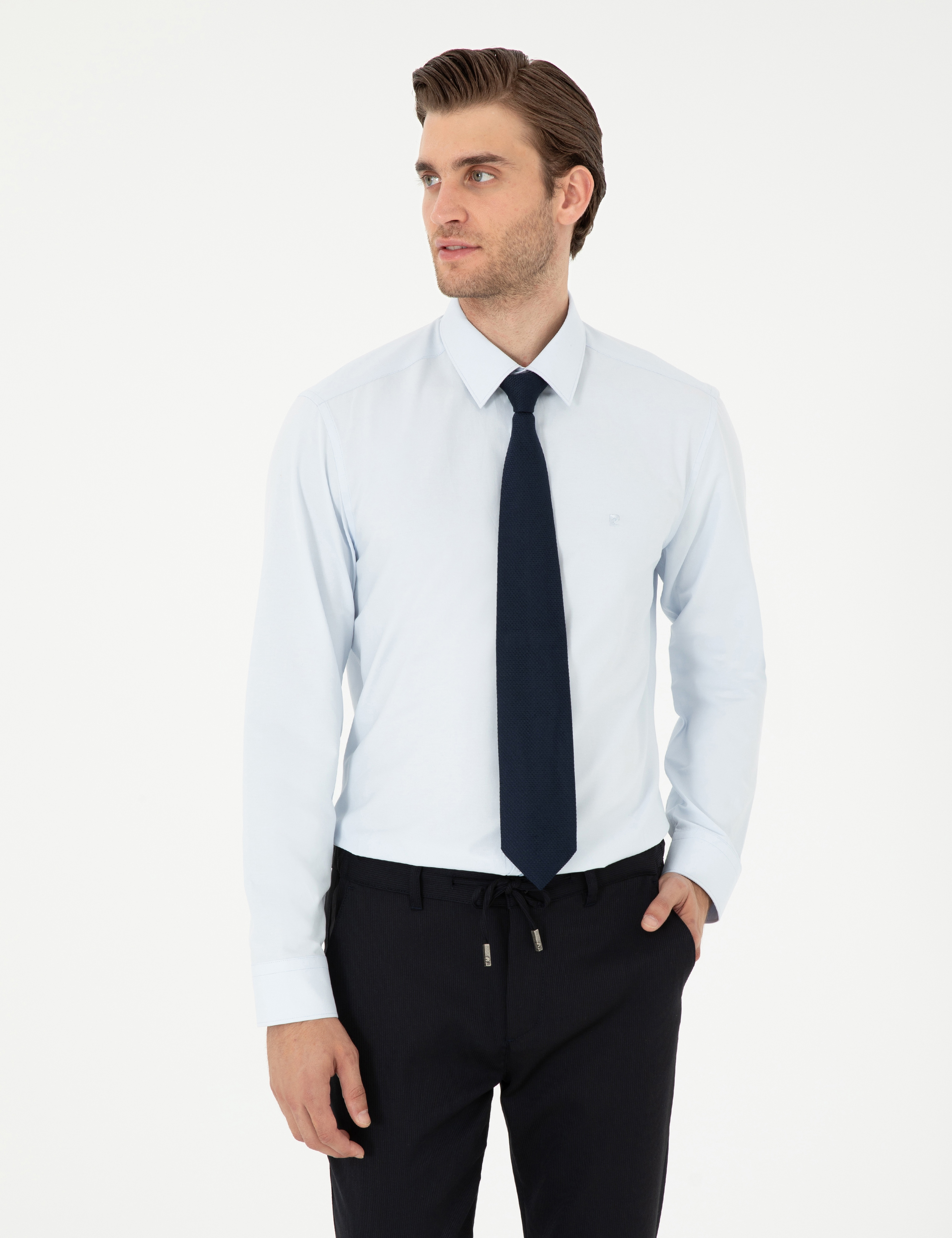 Açık Mavi Slim Fit Uzun Kollu Basic Gömlek - Image 1