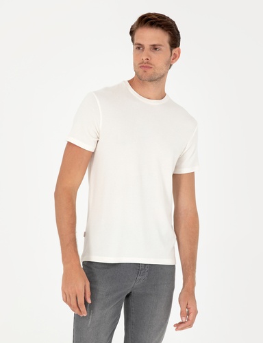 Ekru Slim Fit Bisiklet Yaka Basic Tişört
