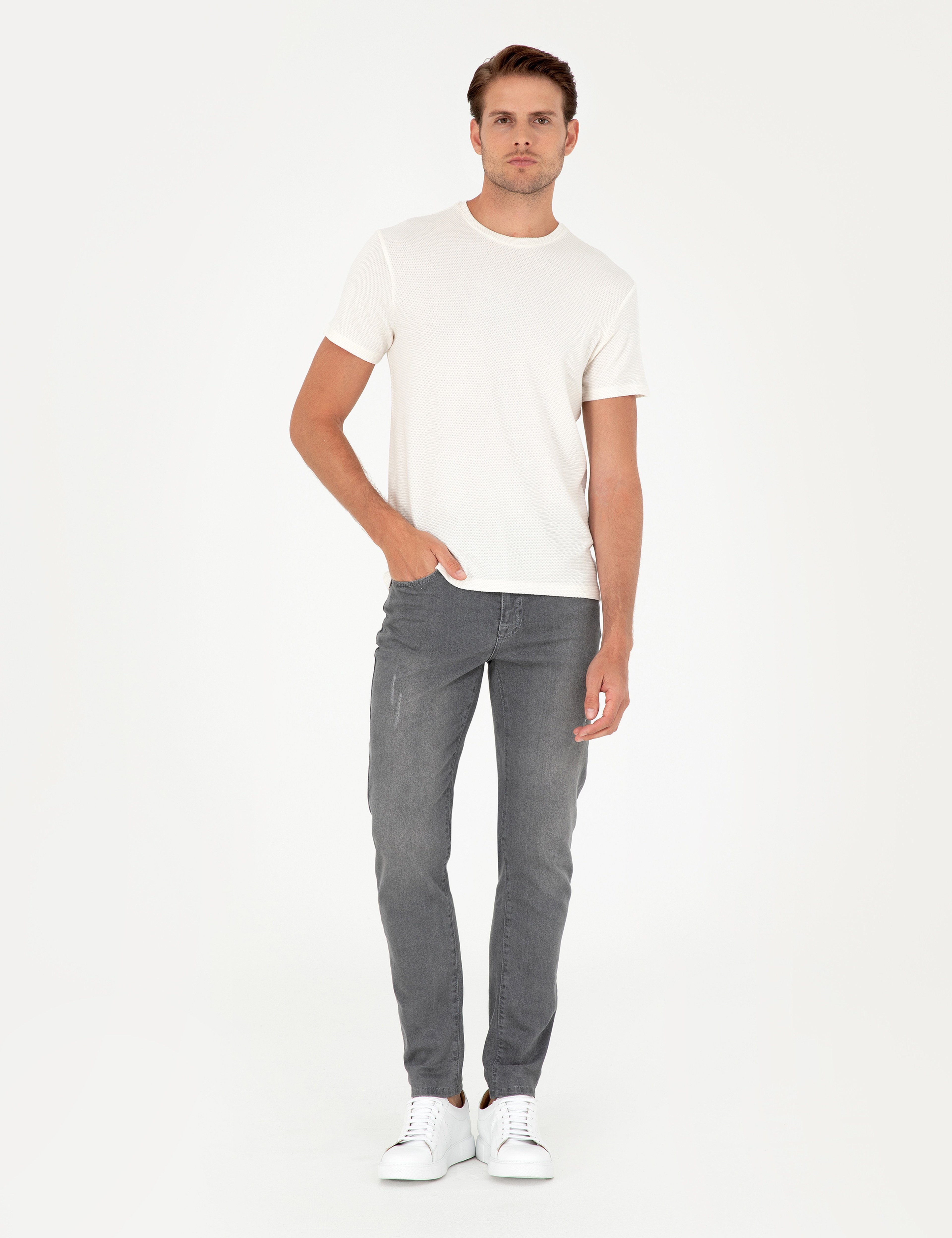 Ekru Slim Fit Basic Tişört - Image 4