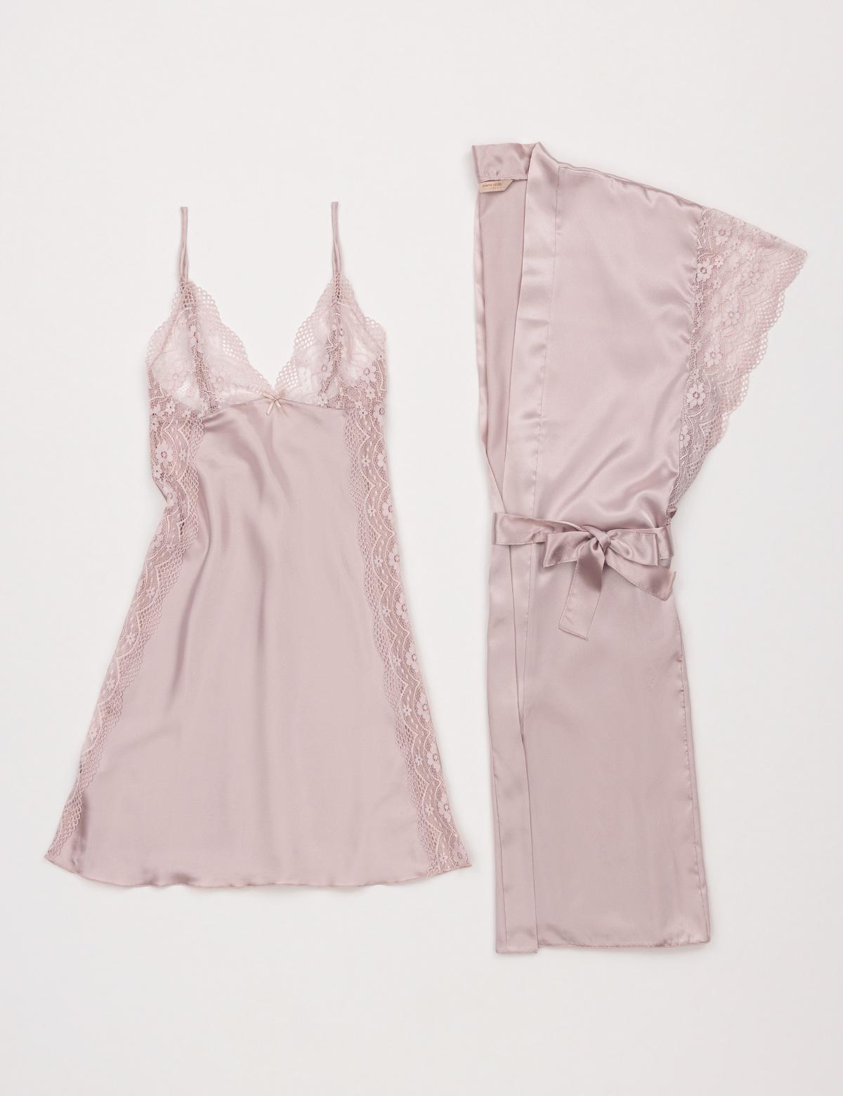 Pudra Saten Gecelik & Sabahlık Takım