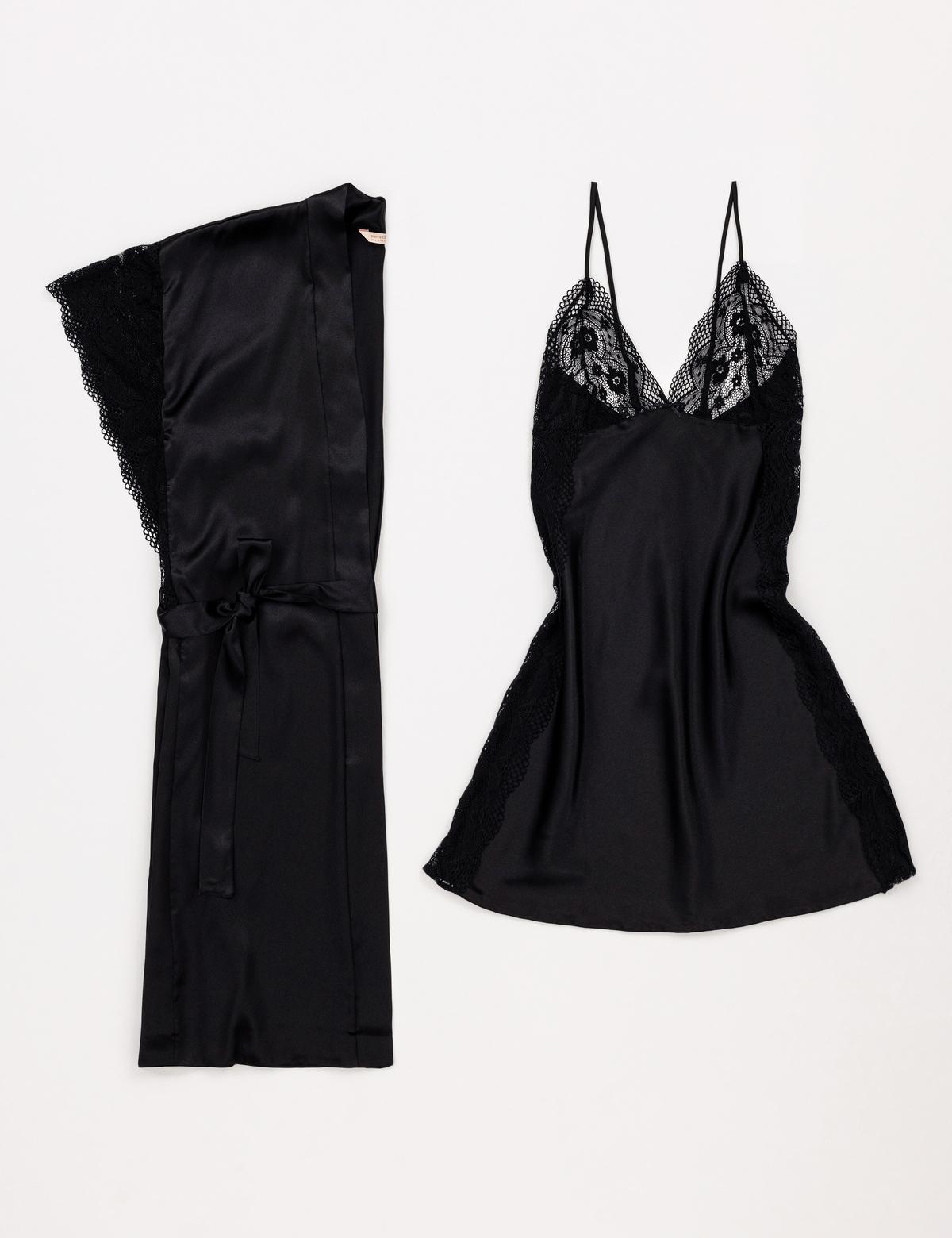 Siyah Saten Gecelik & Sabahlık Takım