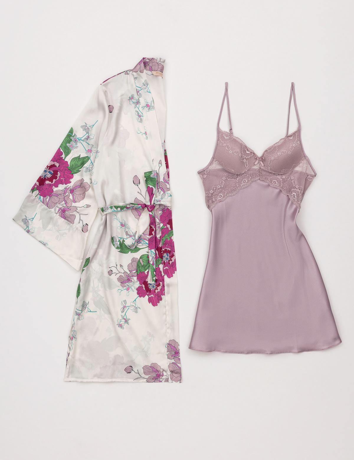 Açık Pembe Saten Gecelik & Sabahlık Takım