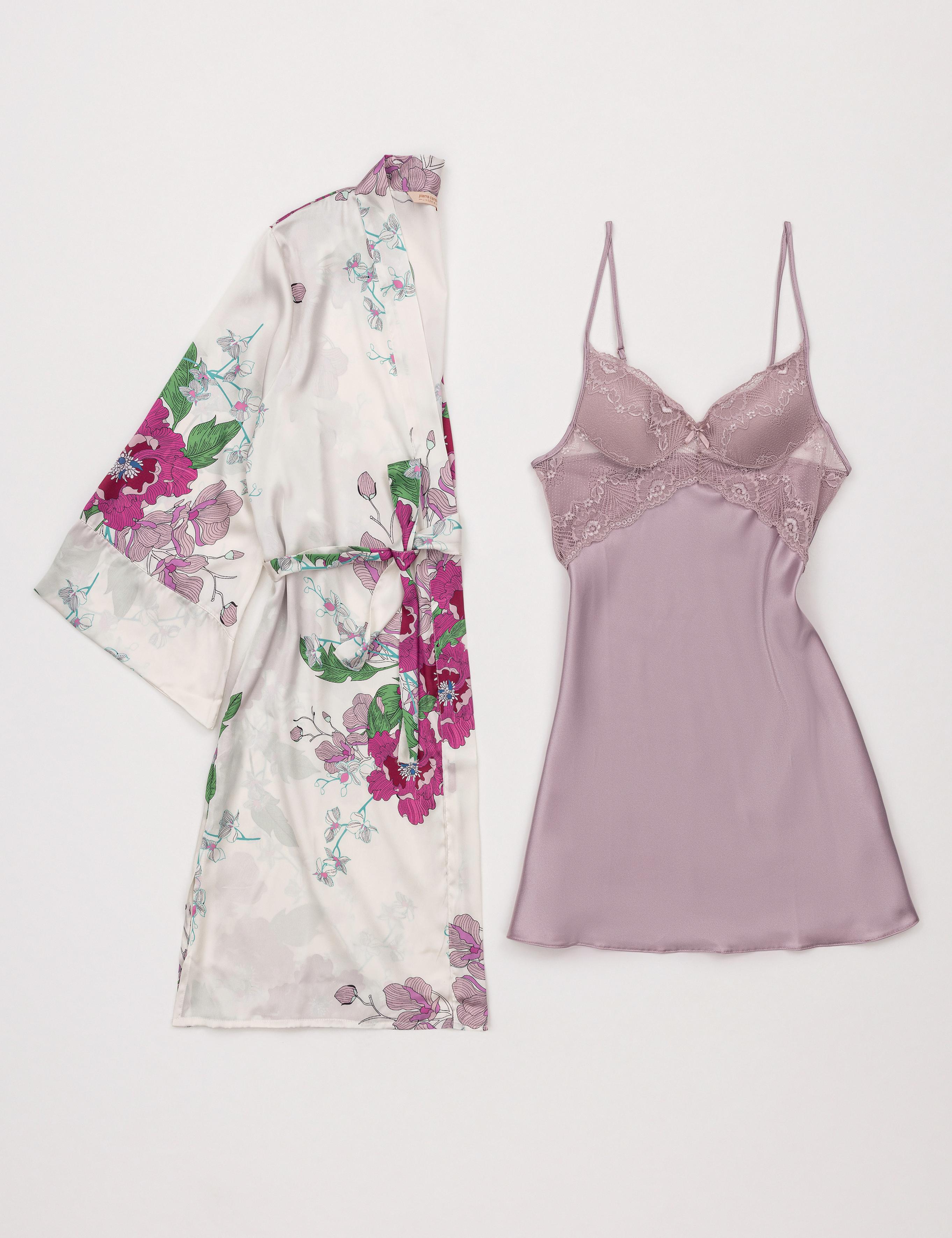 Açık Pembe Saten Gecelik & Sabahlık Takım