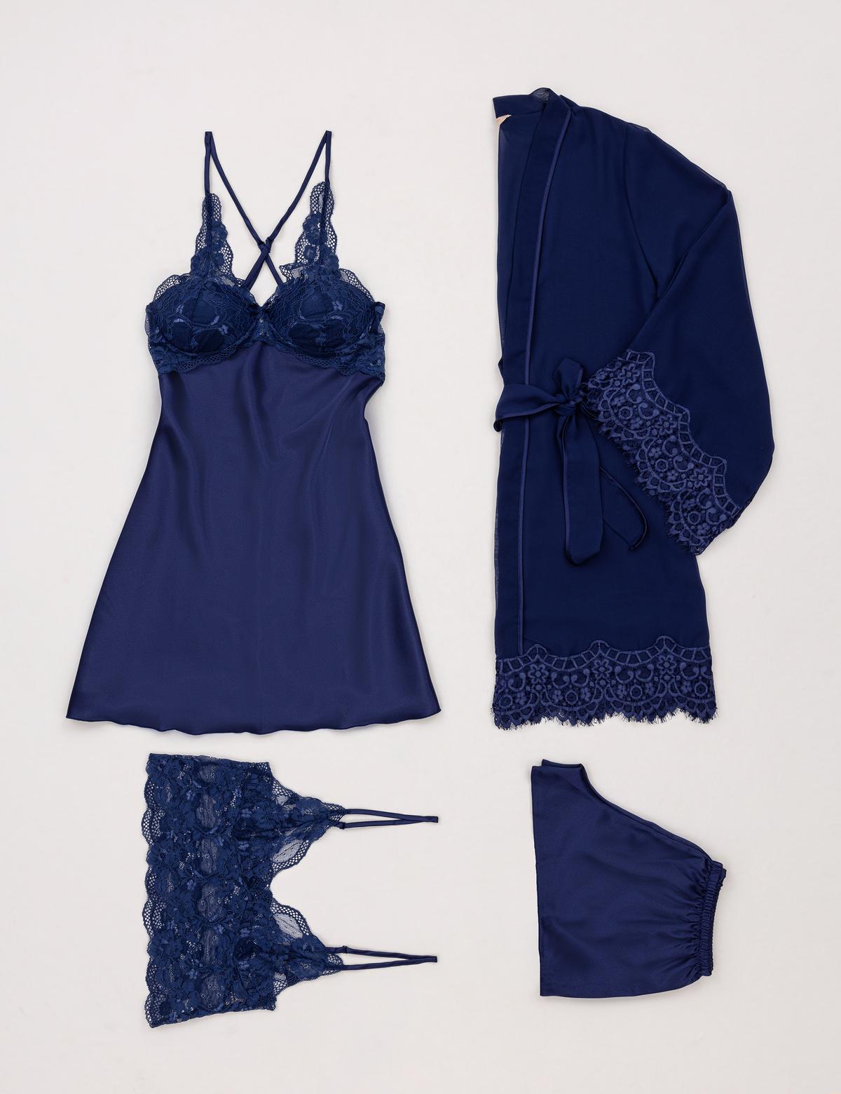 Lacivert Saten 4'lü Çeyiz Seti