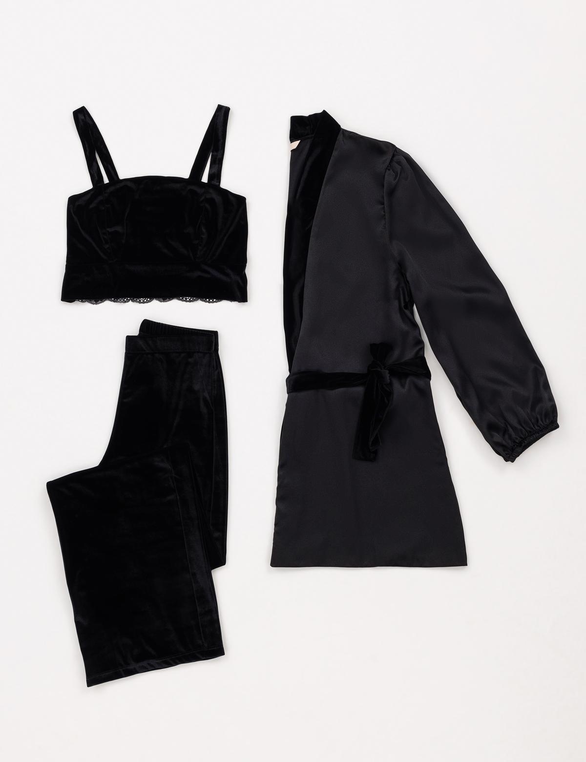 Siyah Kadife 3'lü Pijama Takımı