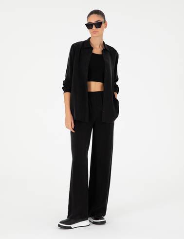 Siyah Yüksek Bel Kupro Kumaş Loose Fit Pantolon